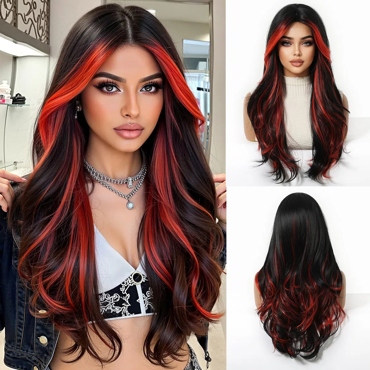 Parrucca nera con ciocche rosse per donne, parrucca lunga e mossa con frangia, capelli naturali in fibra sintetica per l'uso quotidiano, feste e Cosplay