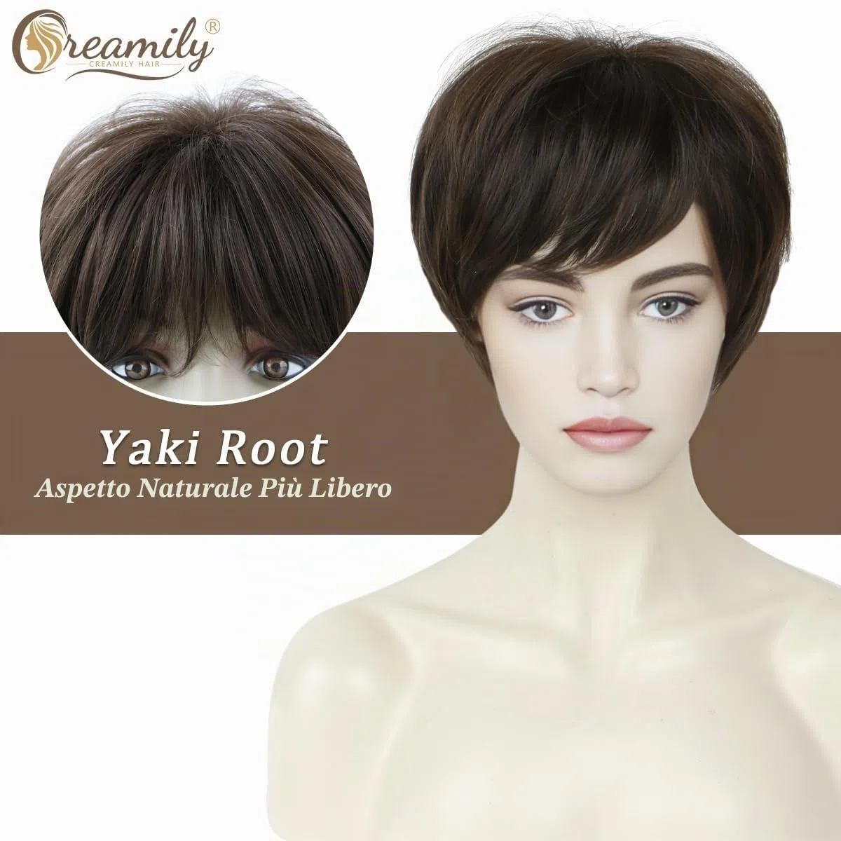 Creamily Parrucche corte castane, parrucca corta Pixie Cut con frangia per donne, parrucche sintetiche a strati naturali per capelli corti da donna, per cosplay, feste, uso quotidiano