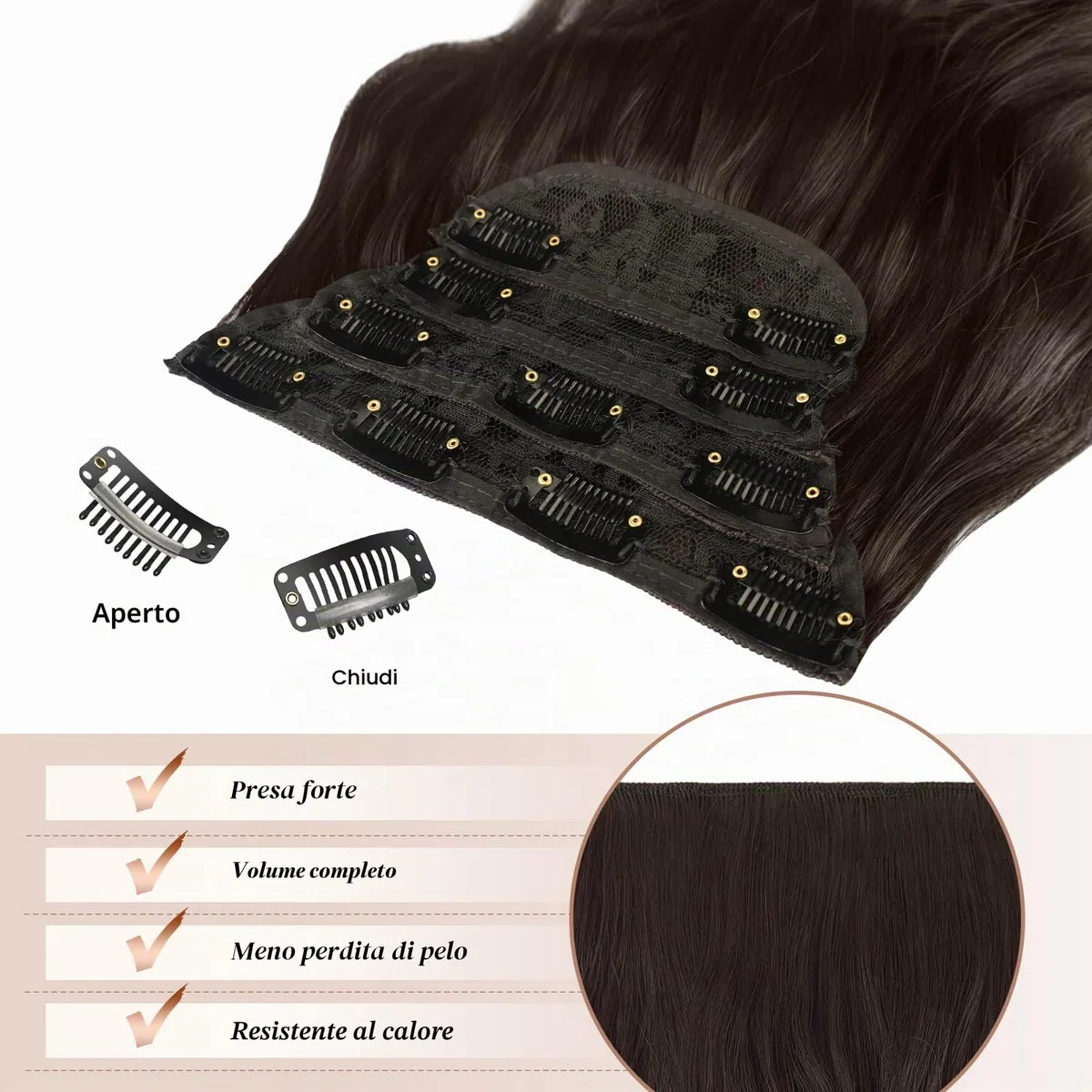 FESHFEN Extension Capelli a Clip - 4PCS Marrone Scuro Lunga Clip in Capelli Estensioni Clip Ondulati Sintetici Posticci Capelli per Donna 50 cm