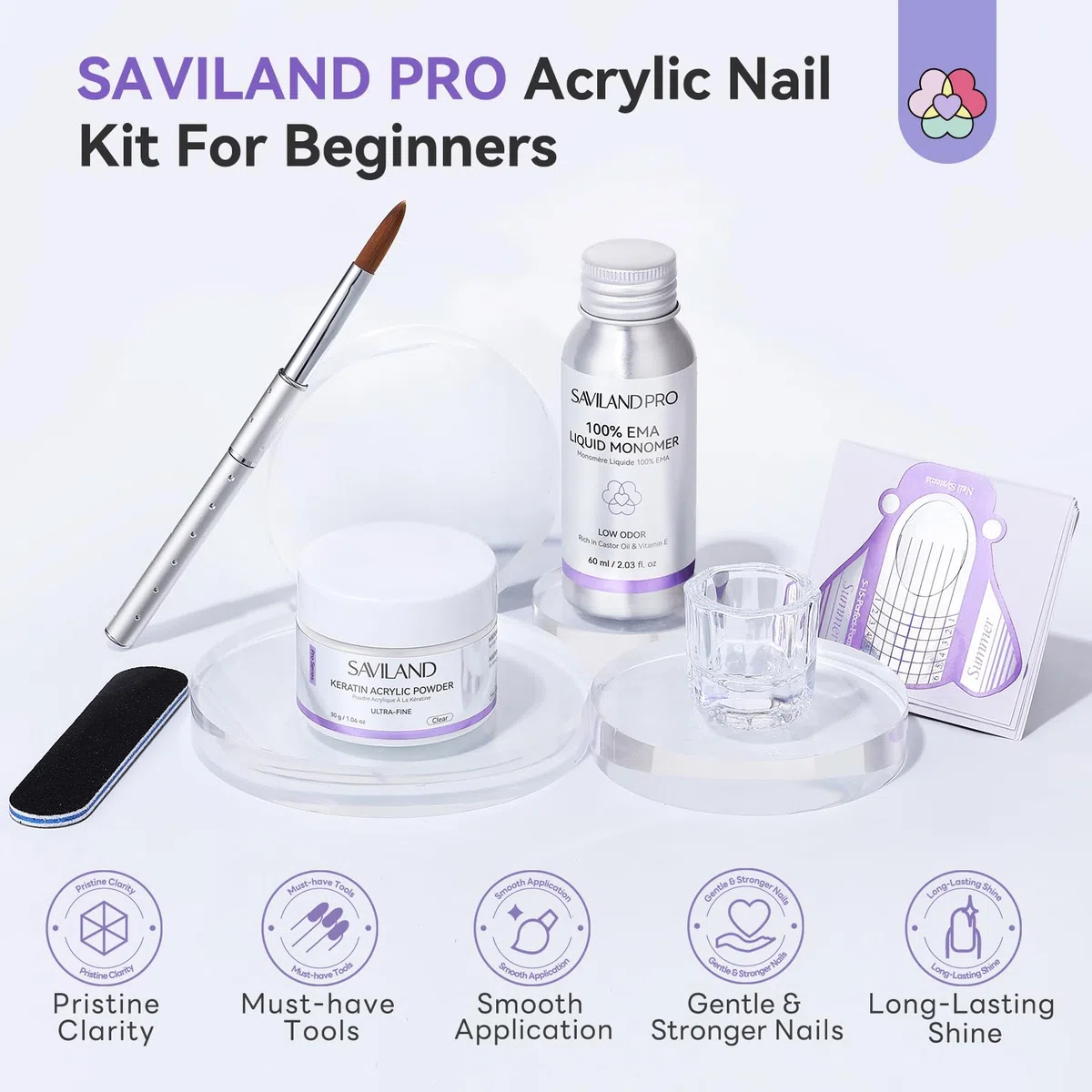 SAVILAND Set di Unghie Acriliche per Principianti: set Completo Acrilico per Unghie Polvere Acrilica Trasparente Monomero EMA con Pennello e Sagome per Allungamento Unghie per Fai Da Te