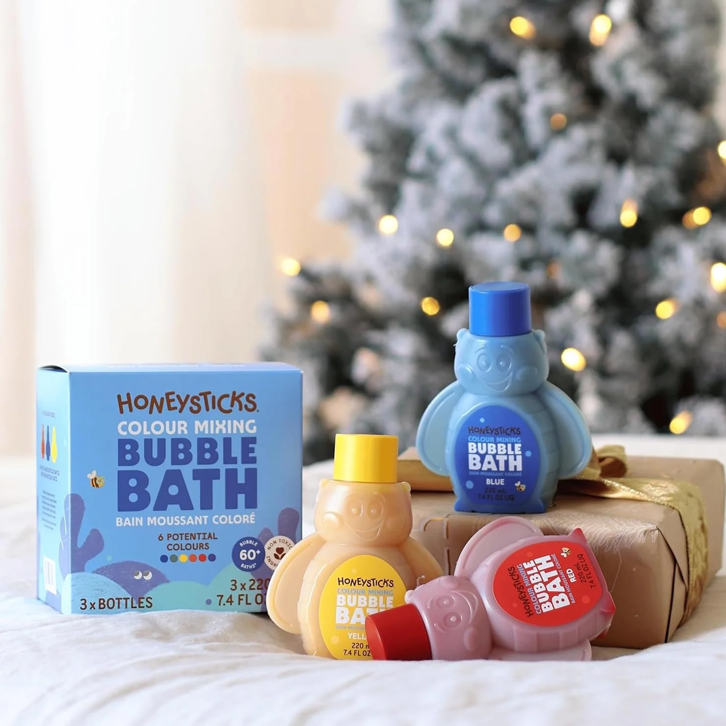 Honeysticks Bagnoschiuma Bambini - Bagnoschiuma Colorato a Base Vegetale, Sicuro e Non Irritante - Cambia il Colore dell'Acqua - Bolle Bagno Bambini da 1-8 Anni - 3 Pz - Blu, Rosso, Giallo