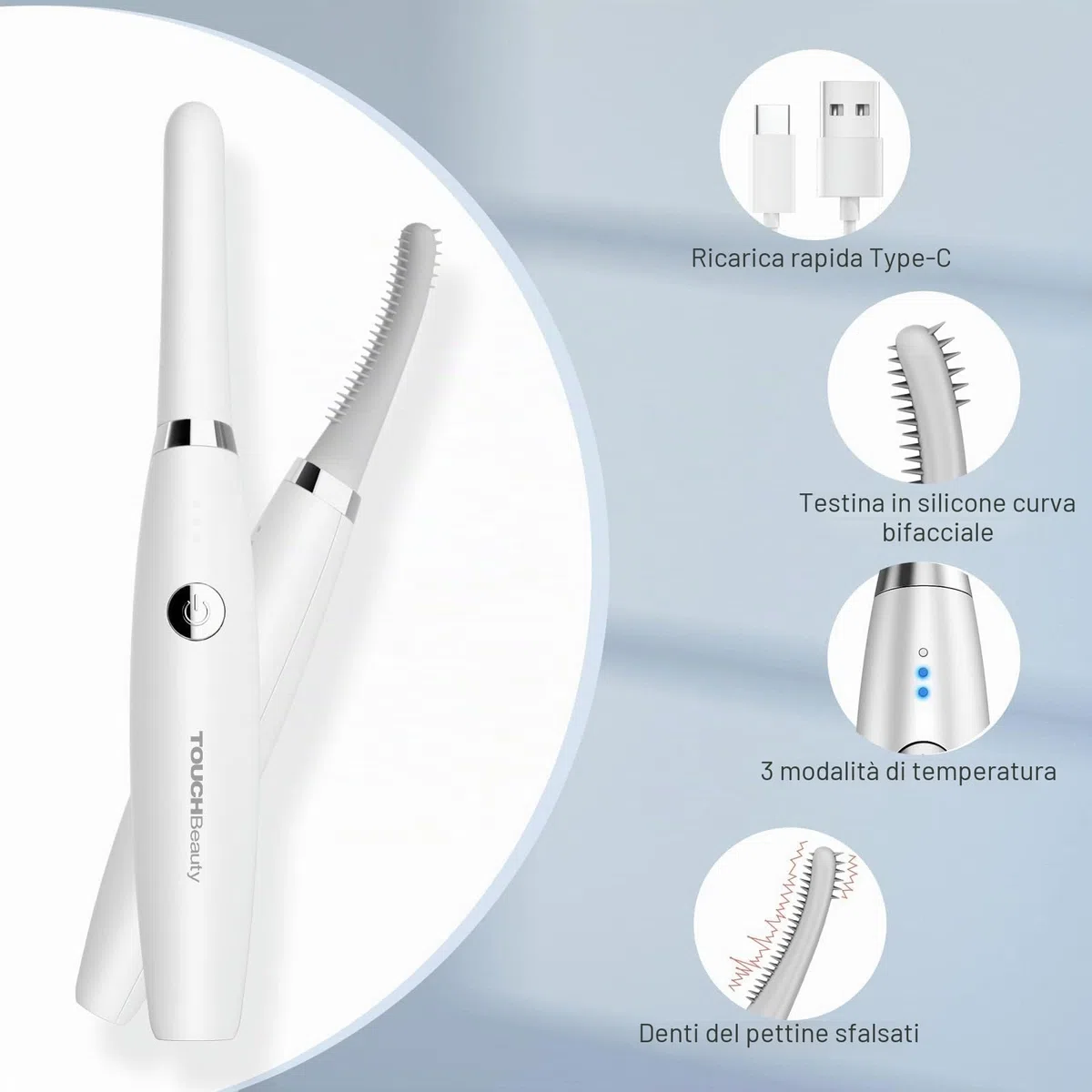 TOUCHBeauty - Piegaciglia riscaldato elettrico ricaricabile USB, 3 impostazioni temperatura, pettine silicone, arricciatura rapida, per ragazze e donne