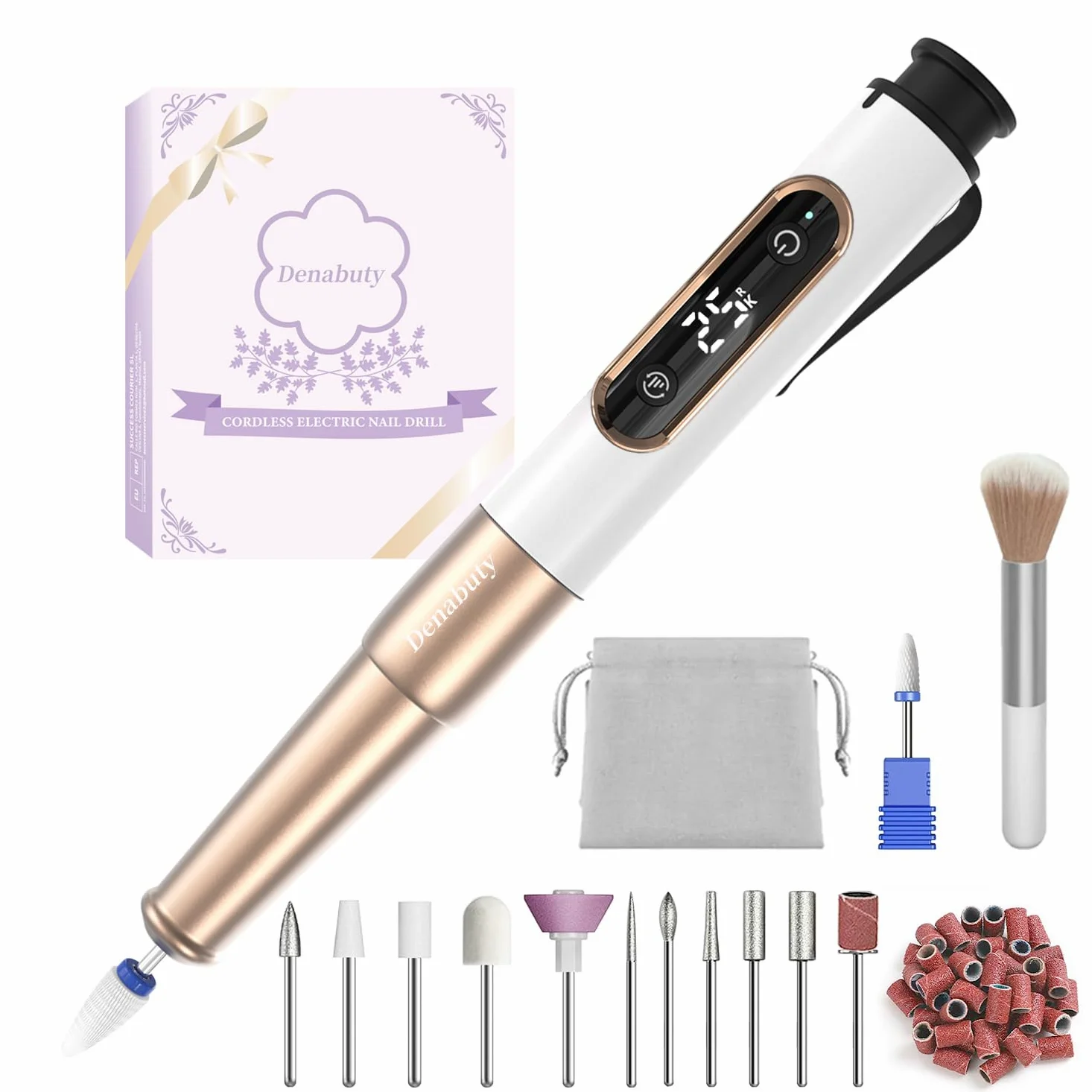 Fresa per Unghie, Lima per Unghie Elettrica 12 in 1 Senza Fili Professionale 25000RPM Giri, con Display LCD, Portatile Kit Manicure Pedicure Elettrico per Rimozione Gel Semipermanente Oro