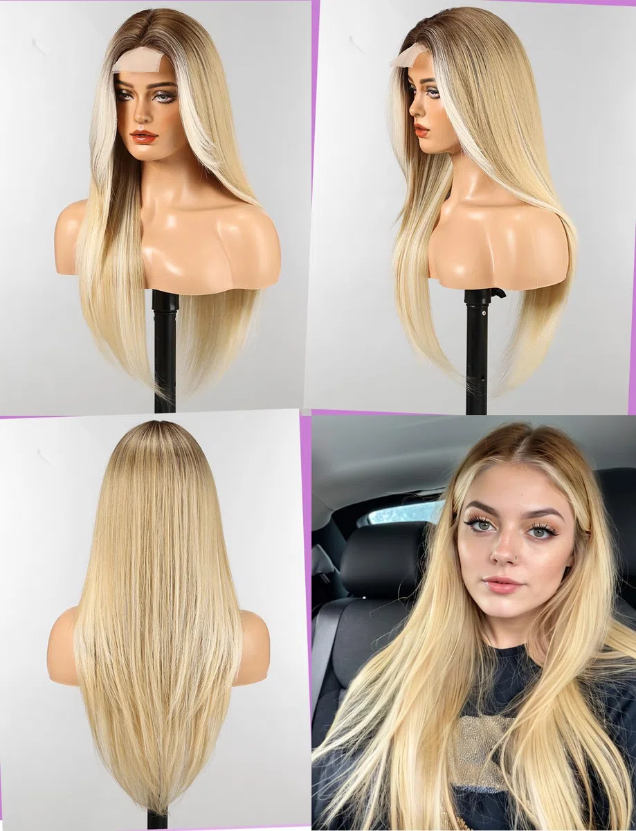 WOKESTAR Parrucche lunghe per donne Capelli sintetici resistenti al calore con frangia Parrucche naturali per uso quotidiano Colore biondo con riflessi