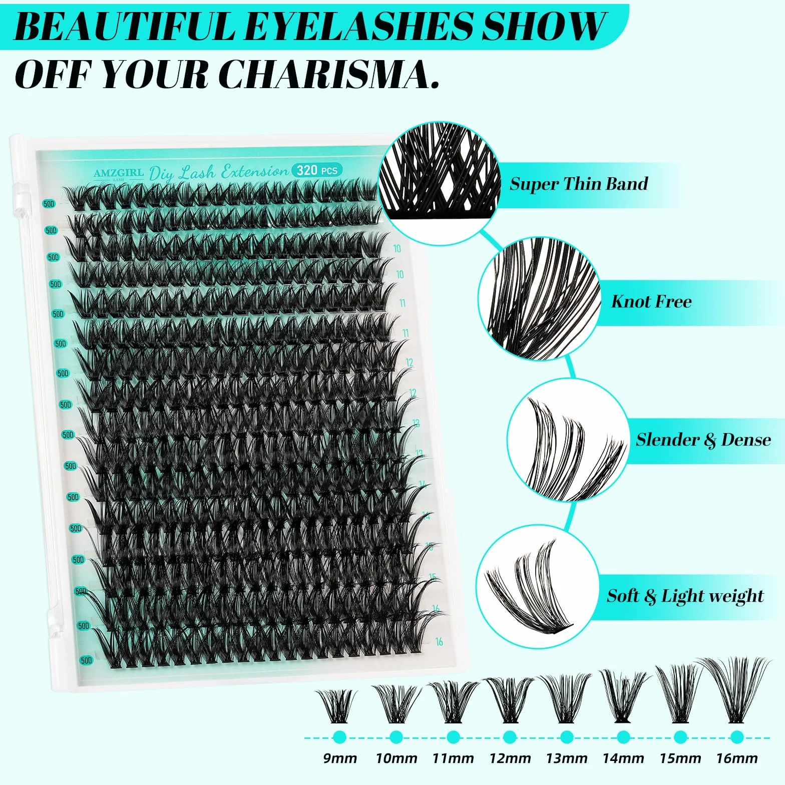 Kit di extension per ciglia, 320 pezzi, kit fai da te per singoli gruppi di ciglia, legatura e sigillatura delle ciglia, rimozione delle ciglia per le extension(kit 50D, D-Mix9-16mm)