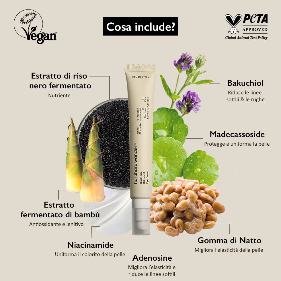 haruharu wonder Black Rice Bakuchiol Eye Cream, Leviga le linee sottili e le zampe di gallina, riduce gonfiore e occhiaie, trattamento leggero per il giorno e la notte, 20ml