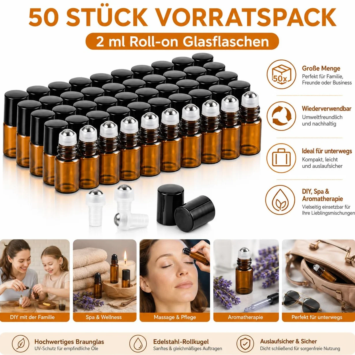 CYEER 50 Flaconi Roll-on in Vetro 2ml, Flaconi per Oli Essenziali con Pallina in Acciaio Inossidabile, Vetro Marrone Anti-UV, per Aromaterapia, Spa, Massaggio, Viaggio