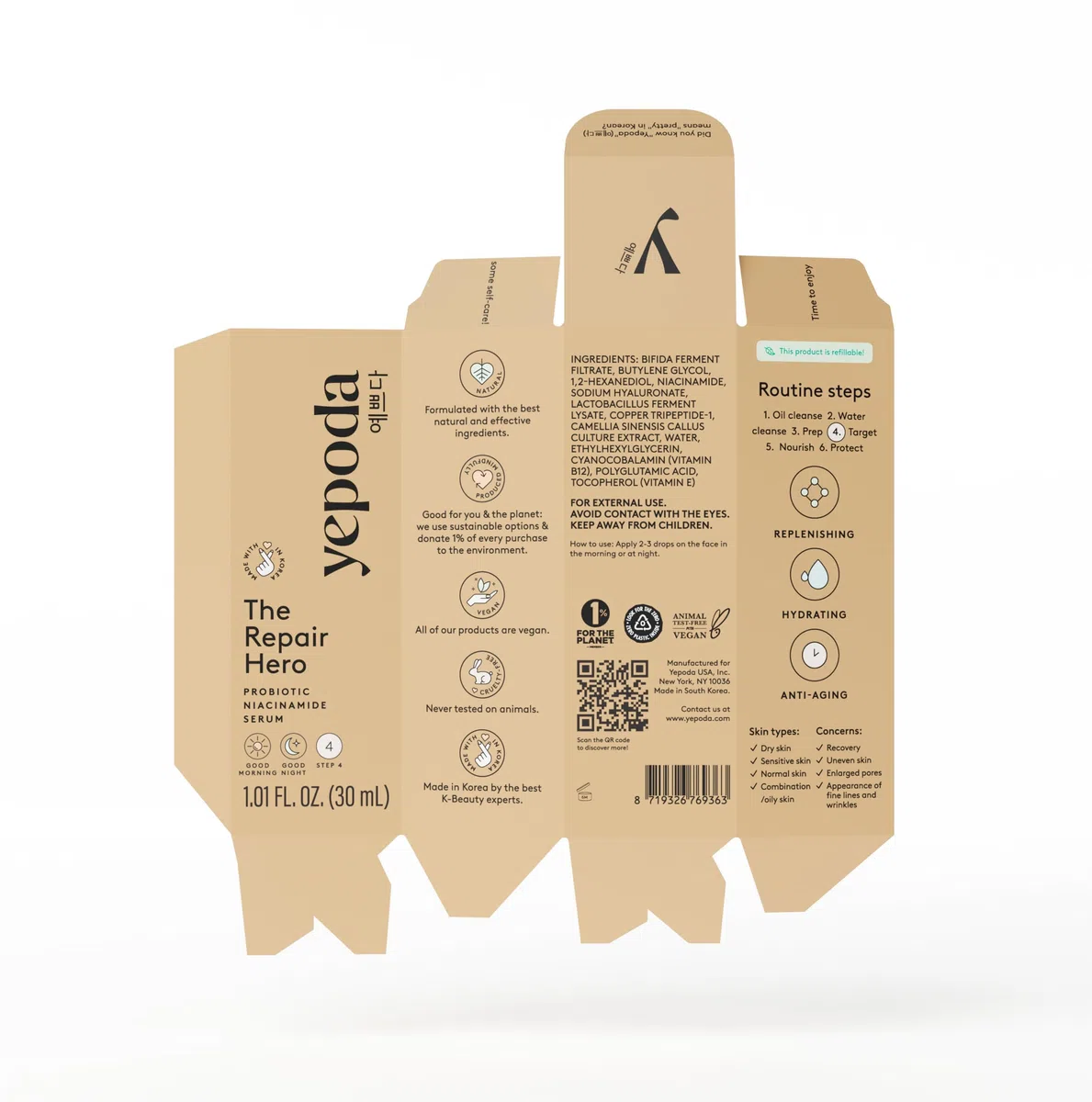 Yepoda The Repair Hero, Siero alla niacinamide e probiotici, idratante & riequilibrante, siero coreano, vegano e Slow Aging, testato e approvato per tutti i tipi di pelle, 30 ml