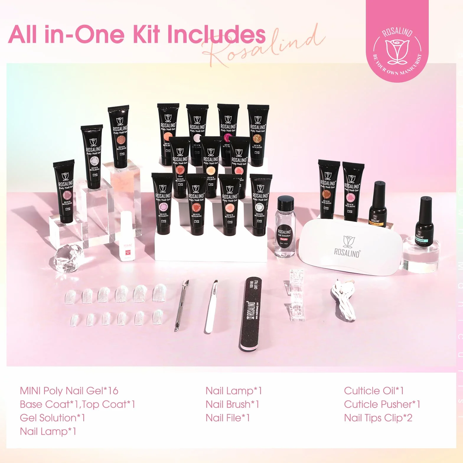 ROSALIND Kit Completo Arcygel, 16pcs 10ml Estensioni Gel per Unghie con Lampada UV, Base e Top Coat, Strumenti Manicure, Kit Completo Poly Unghie gel Nail Art per Principianti e Professionisti