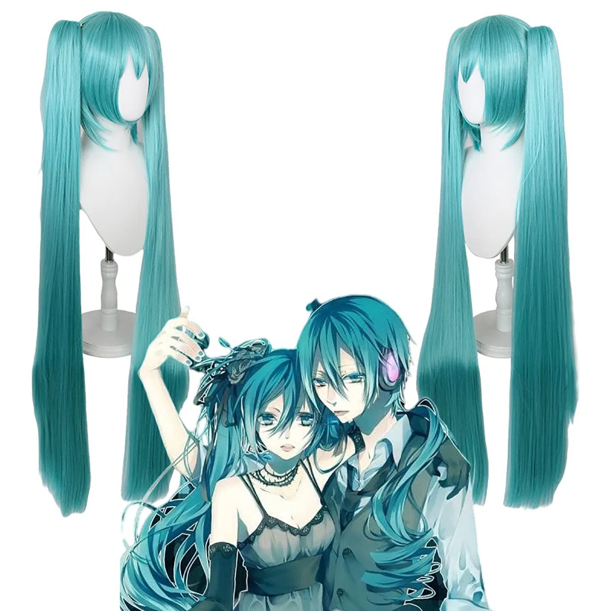 Parrucca doppia coda di cavallo Hatsune Miku parrucca per feste anime lunga e liscia per ragazza bella parrucca sintetica Hatsune Miku Cosplay blu lago 100 cm/39 pollici
