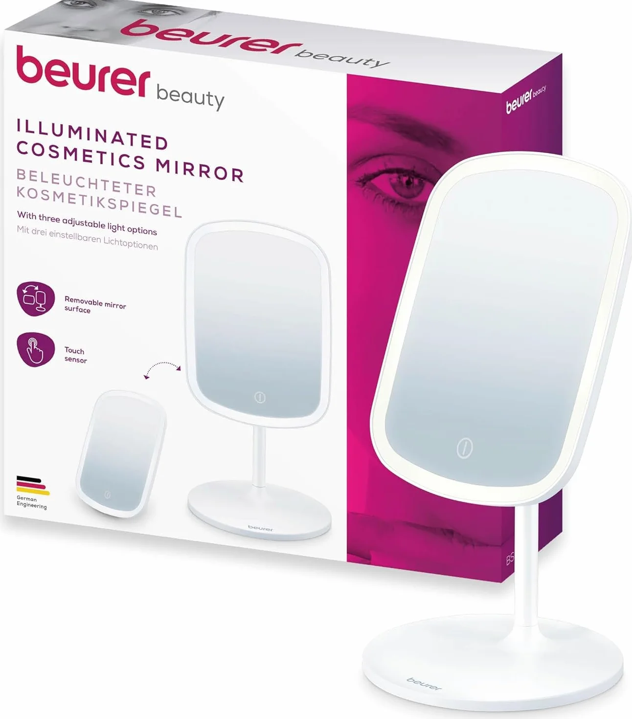 Beurer BS 47 Specchio cosmetico illuminato con 3 colori adatto per il makeup, con supporto magnetico, ruotabile a 360° e rimovibile, pratico specchio da bagno con superficie di appoggio