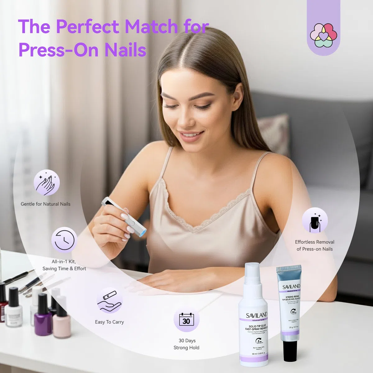 SAVILAND 2 in 1 Colla e Solvente in Gel Solido Kit, Colla per Unghie Finte Forte 30 Giorni, Mini Lampada UV, Press On Nail Glue Remover, Olio per Cuticole, Manicure Fai da Te da Salone