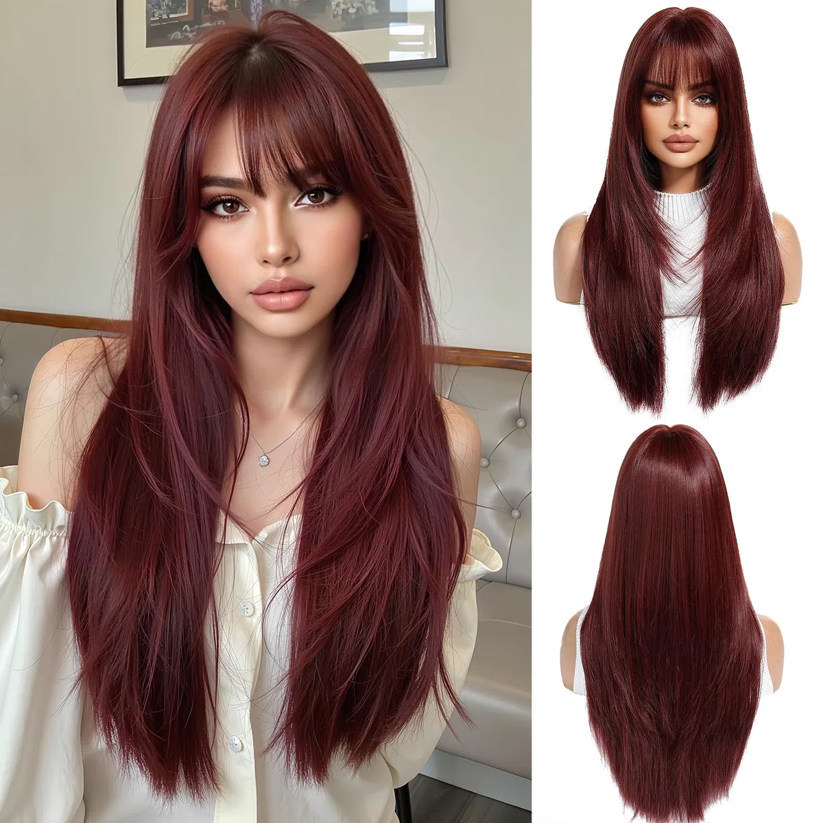 Parrucche Rosso Vino per Le Donne Parrucca Lunga con Frangetta Parrucche Dritte Naturali Parrucche Sintetiche Resistenti Al Calore per La Festa Quotidiana Cosplay Wear
