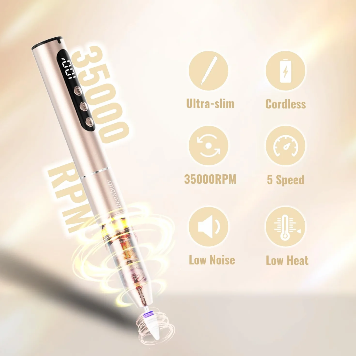 Fresa Per Unghie 35000 RPM, Lima elettrica per unghie Professional 12 in 1, Senze Fili Ricaricabile Portatile con Display LCD Elettrico Manicure e Pedicure Rimozione Gel Casa, Salon, Oro