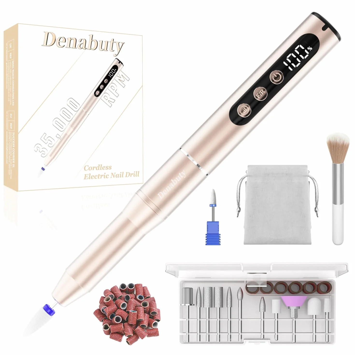 Fresa Per Unghie 35000 RPM, Lima elettrica per unghie Professional 12 in 1, Senze Fili Ricaricabile Portatile con Display LCD Elettrico Manicure e Pedicure Rimozione Gel Casa, Salon, Oro