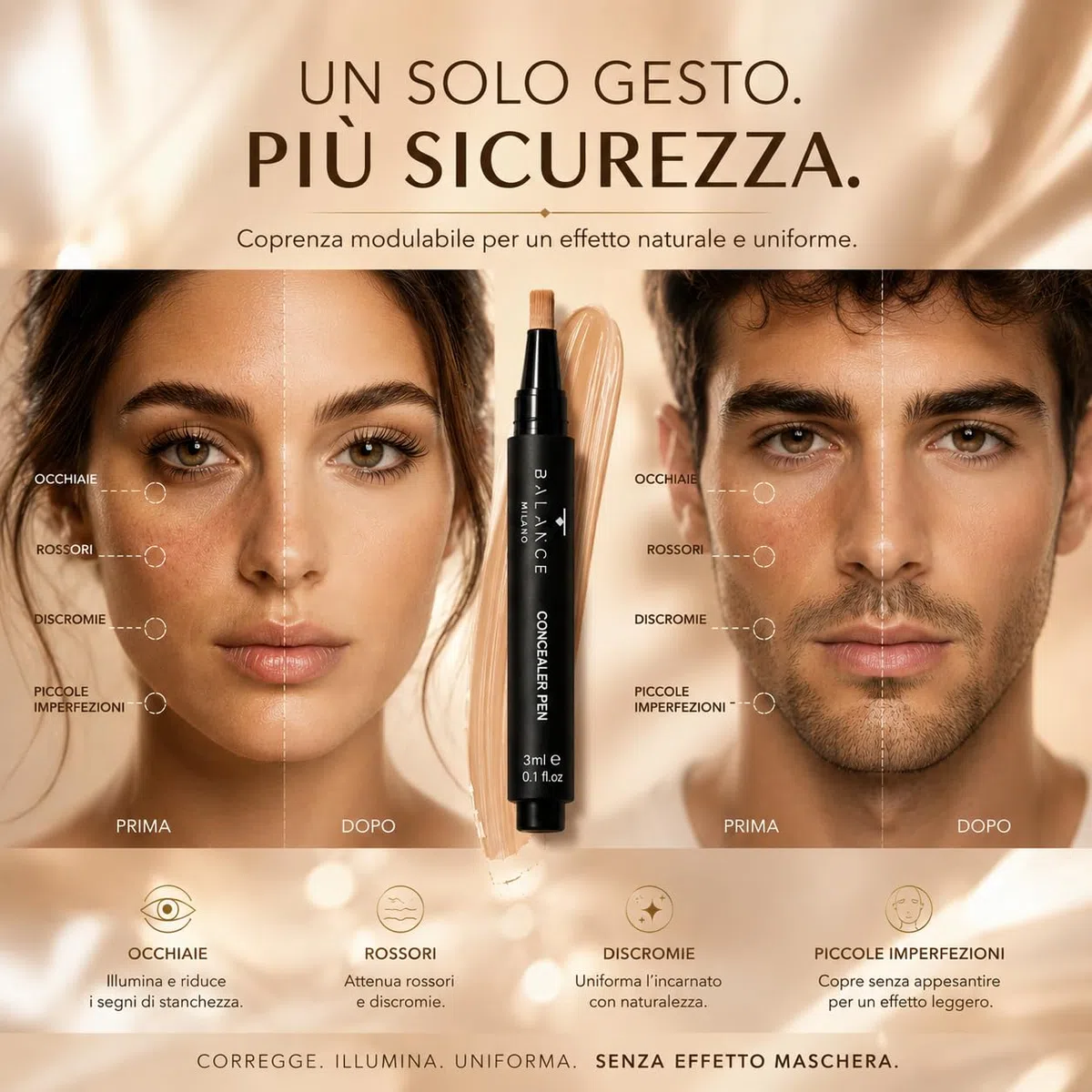 BALANCE MILANO 3ml Correttore Occhiaie Made in Italy - Fluido Levigante - Correttore Idratante e Coprente - Finish Naturale Luminoso Effetto Seconda Pelle - Vegan Silicon Free - Make Up (Beige Scuro)