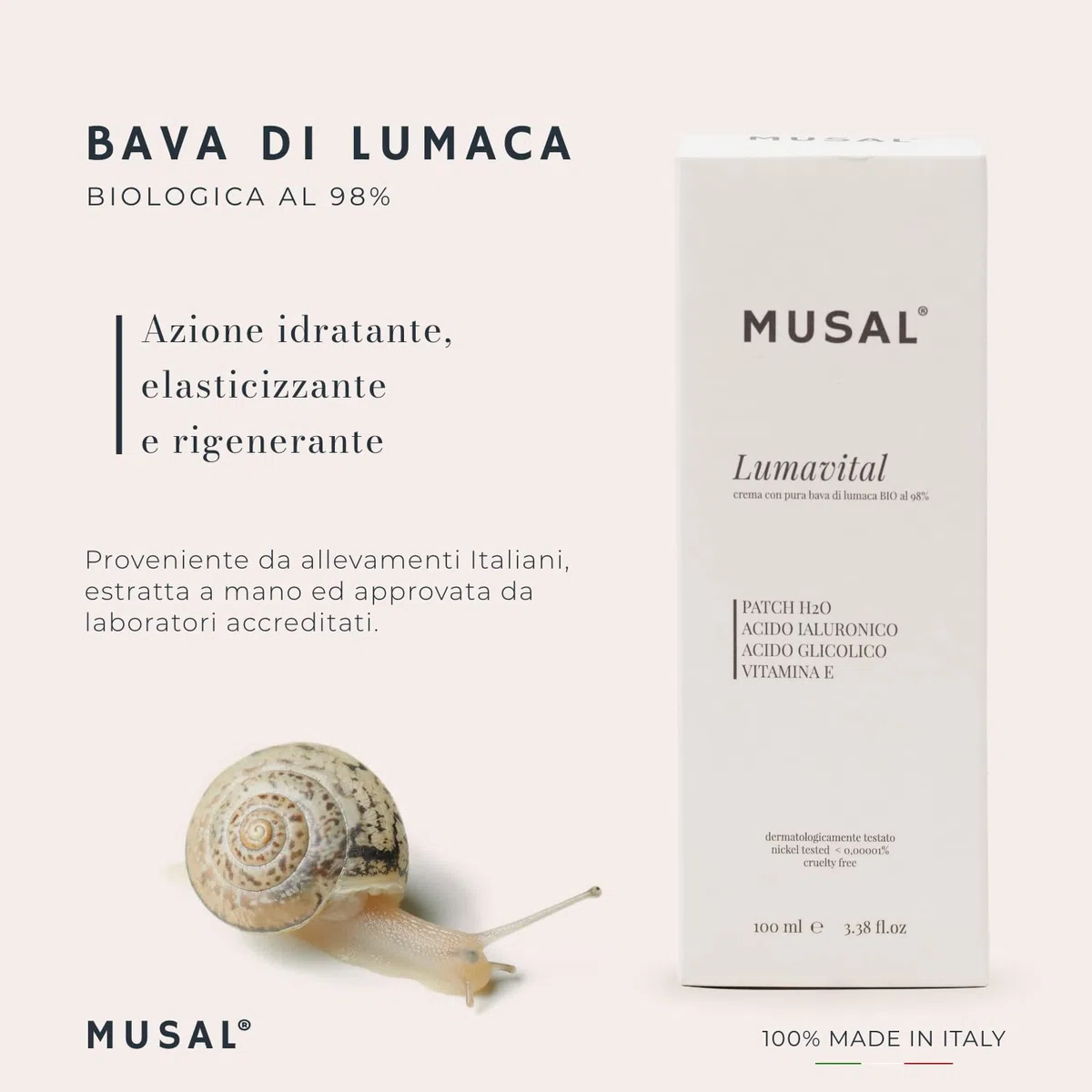 Musal 100ml Crema Viso Bava di Lumaca Bio al 98%, Acido Ialuronico e Vitamina E, Crema viso Idratante antimacchie e Antirughe per pelli sensibili grasse e secche.