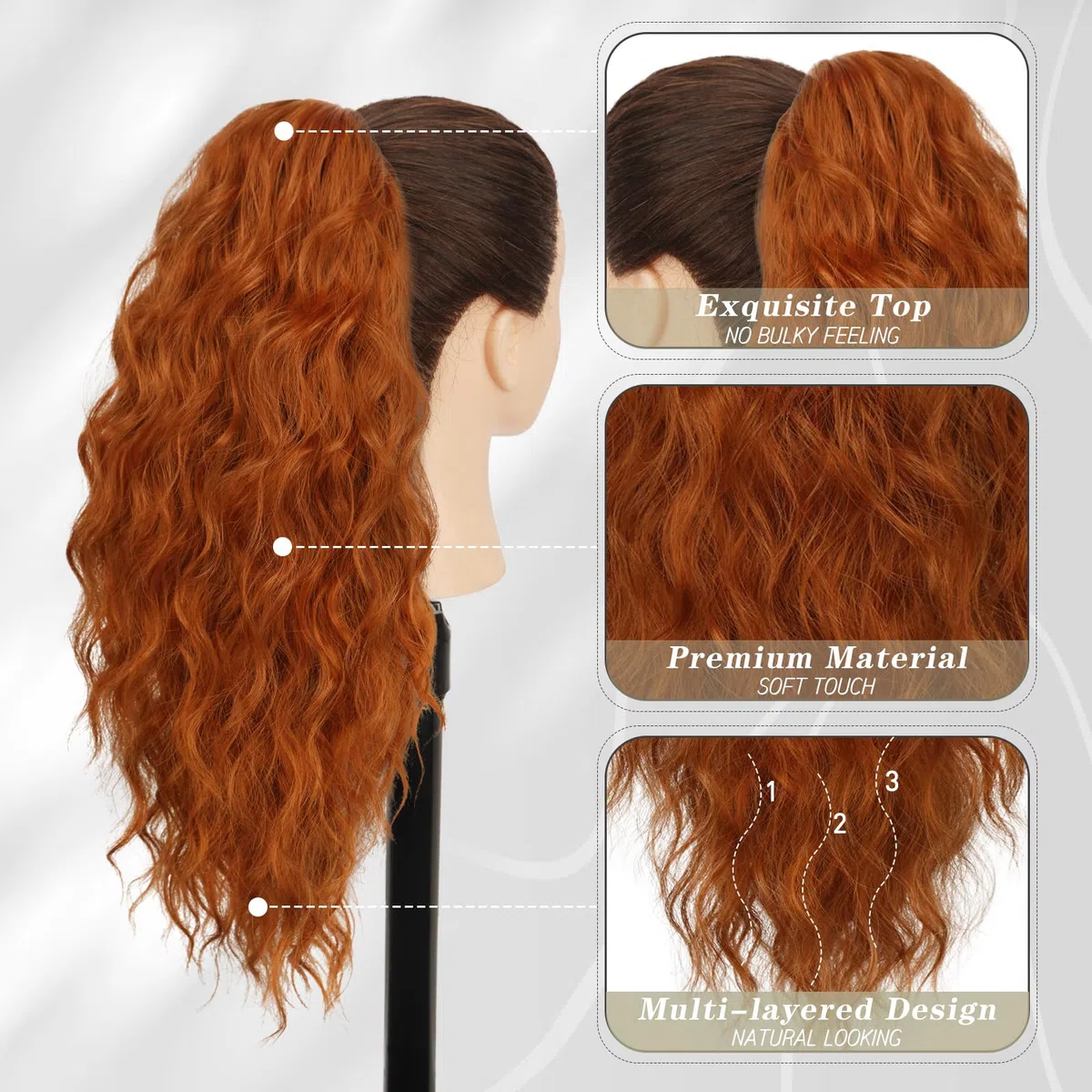 BARSDAR Coda Cavallo Capelli Extension Rame, 45cm Coda di Cavallo Extension Artiglio Pinza Lunga Ricci Ondulati Multi Layered Sintetici Posticci Finta Capelli per Donna - Zenzero Rame