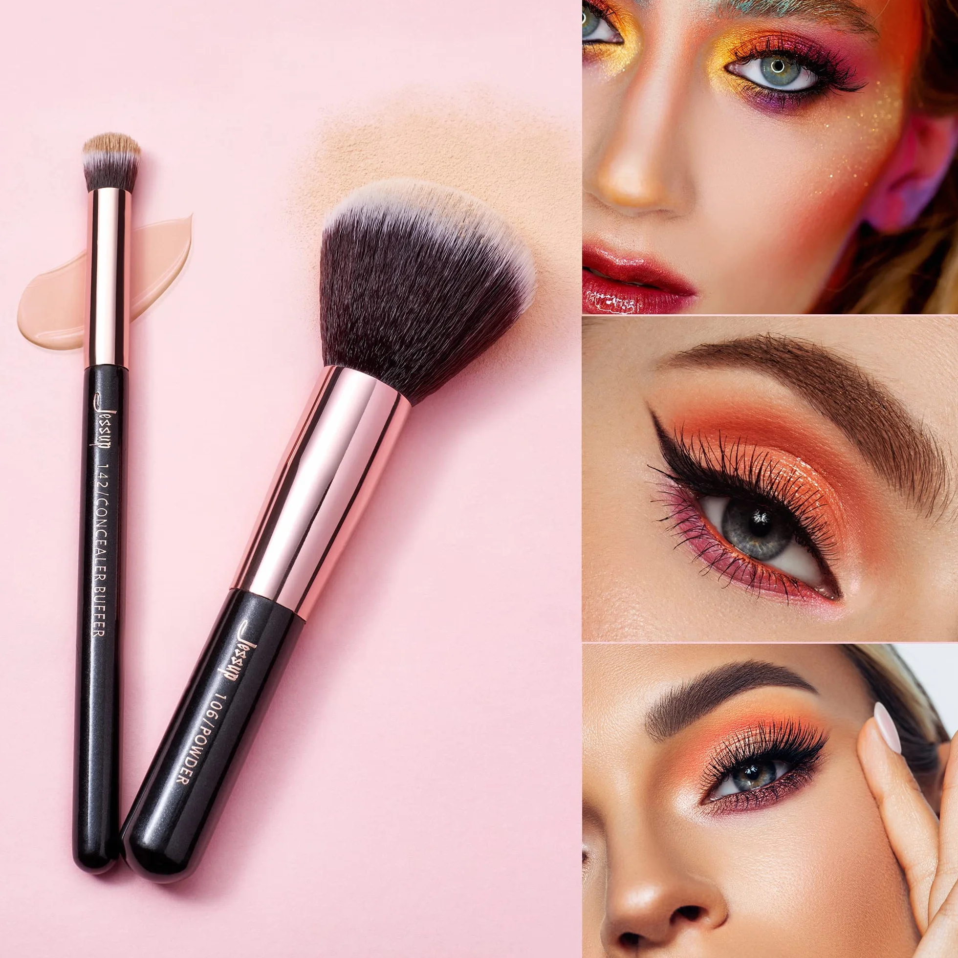 Jessup 10pz Pennelli per il trucco Fondotinta Polvere Bellezza Eyeliner Correttore Setole in fibra fatta a mano Kit per il trucco Nero/Oro rosa T156