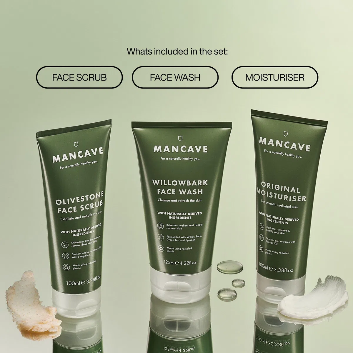 ManCave Set Regalo Uomo con 3 Prodotti di Skincare Naturali, Detergente Viso, Scrub Viso e Idratante Uomo, Formulazioni Naturali, Vegani, Tubetto in Plastica Riciclata, Prodotto in Inghilterra