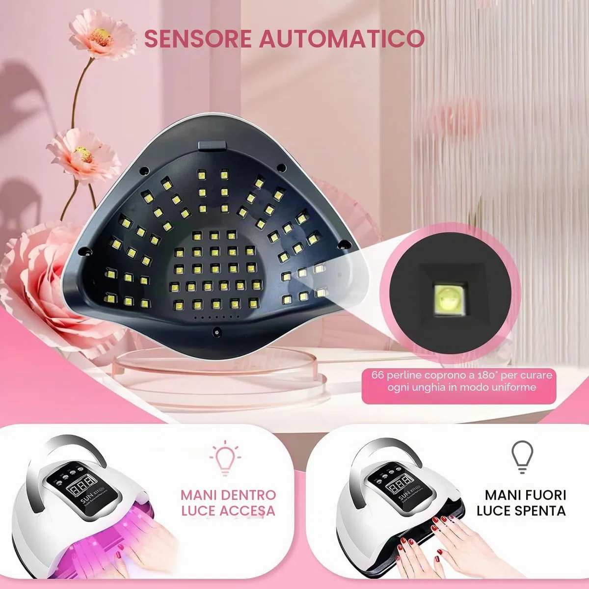 Lampada LED UV da 280 W, per smalto gel con 66 perline e sensore automatico, 4 timer, set professionale per nail art