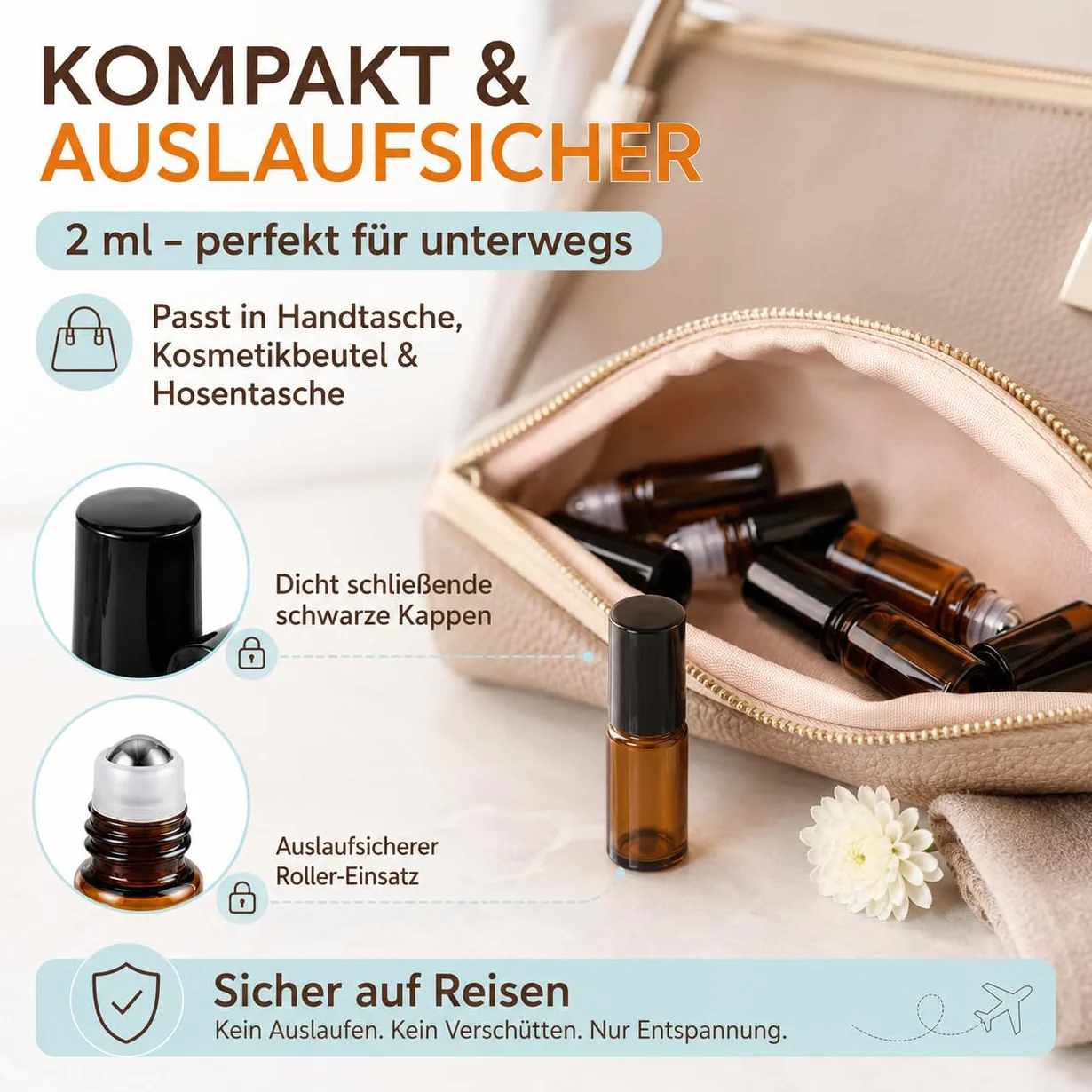 CYEER 50 Flaconi Roll-on in Vetro 2ml, Flaconi per Oli Essenziali con Pallina in Acciaio Inossidabile, Vetro Marrone Anti-UV, per Aromaterapia, Spa, Massaggio, Viaggio