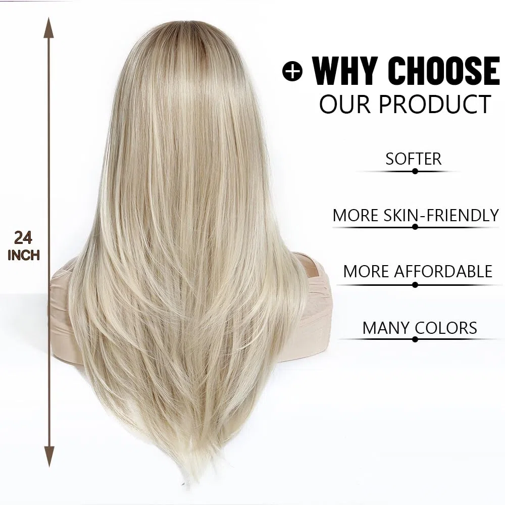 Esmee Lunga Liscia Parrucche Bionde per Donne con Frange - Capelli Sintetici Naturali - Parrucca Ombre per Uso Quotidiano e Feste