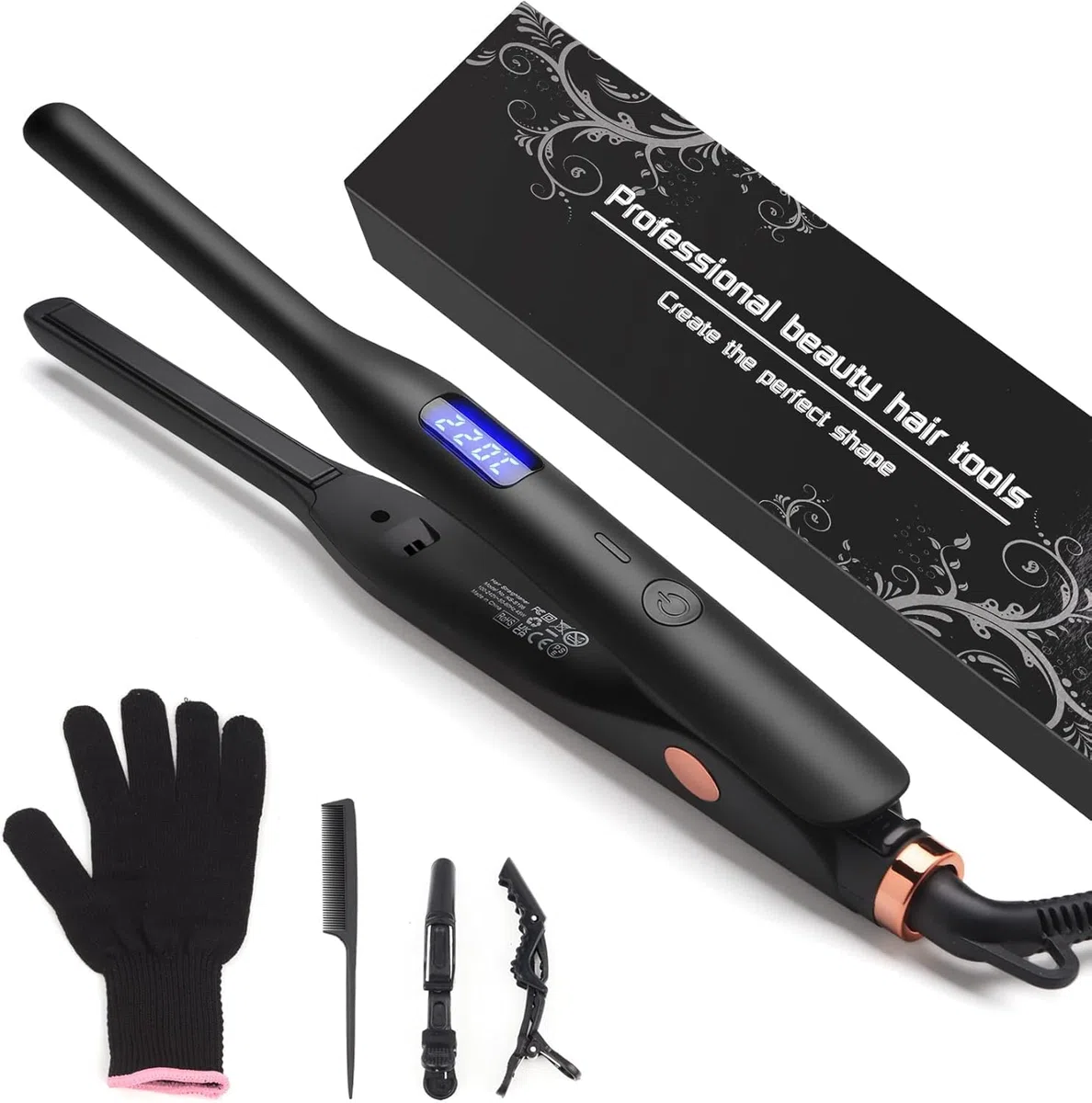 JAETON Mini Piastra Per Capelli, professionale piastra per capelli corti, barba e frangia, piastra per capelli in titanio con riscaldamento temperatura regolabile (Nero)