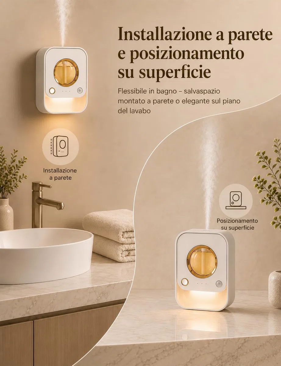 Diffusore di Oli Essenziali Senza Acqua Murale e da Tavolo con Sensore di Movimento, Luce Notturna e Timer, Diffusore Profumo Ambiente con 50ml Deodorante Arancia per Bagno, Camera, Soggiorno