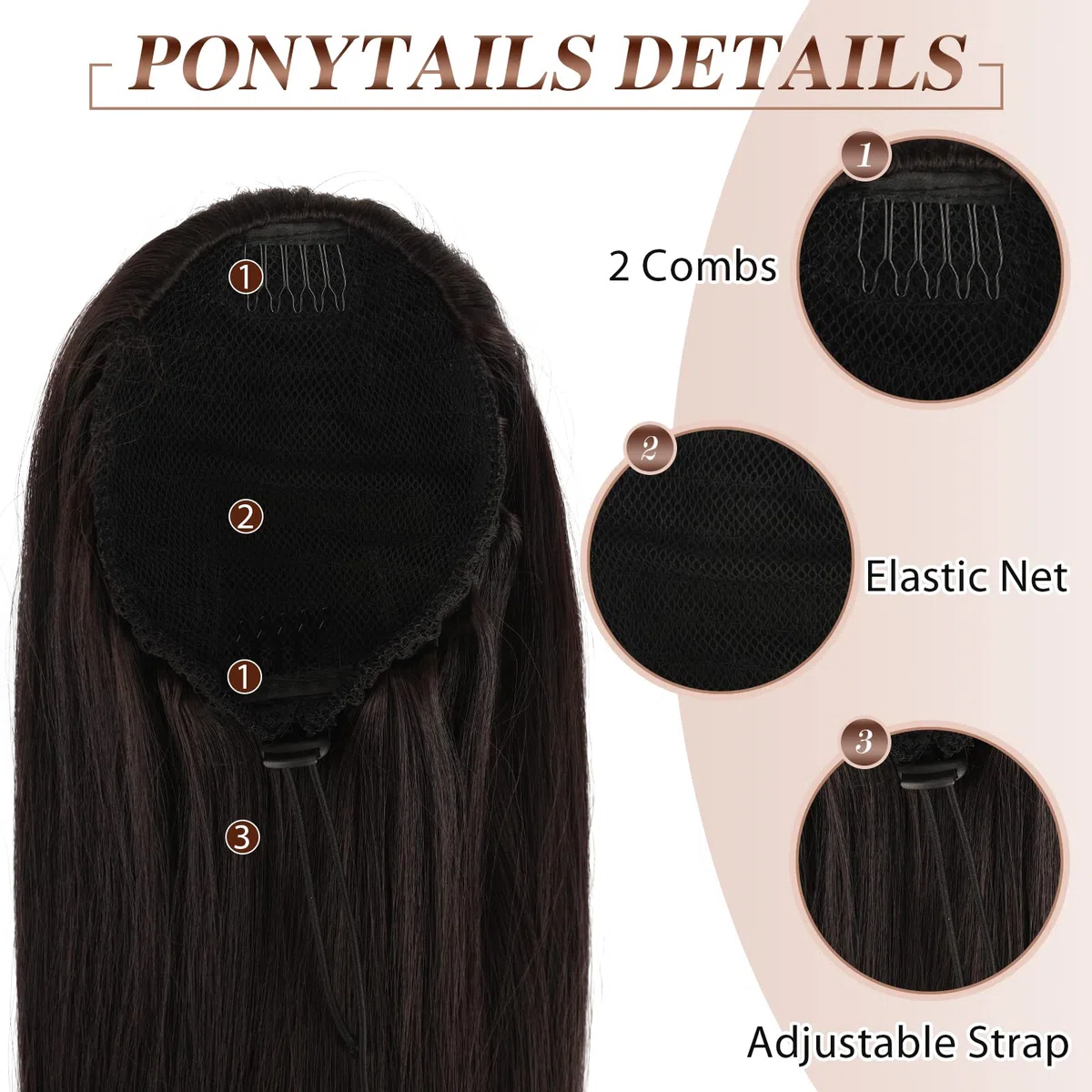 FESHFEN Coulisse Coda di Cavallo Extension, 70 cm Ponytail Extension Coda Capelli Lisci Lungo Coulisse Estensione dei Capelli Castano Scuro Sintetica Coda Capelli Extension