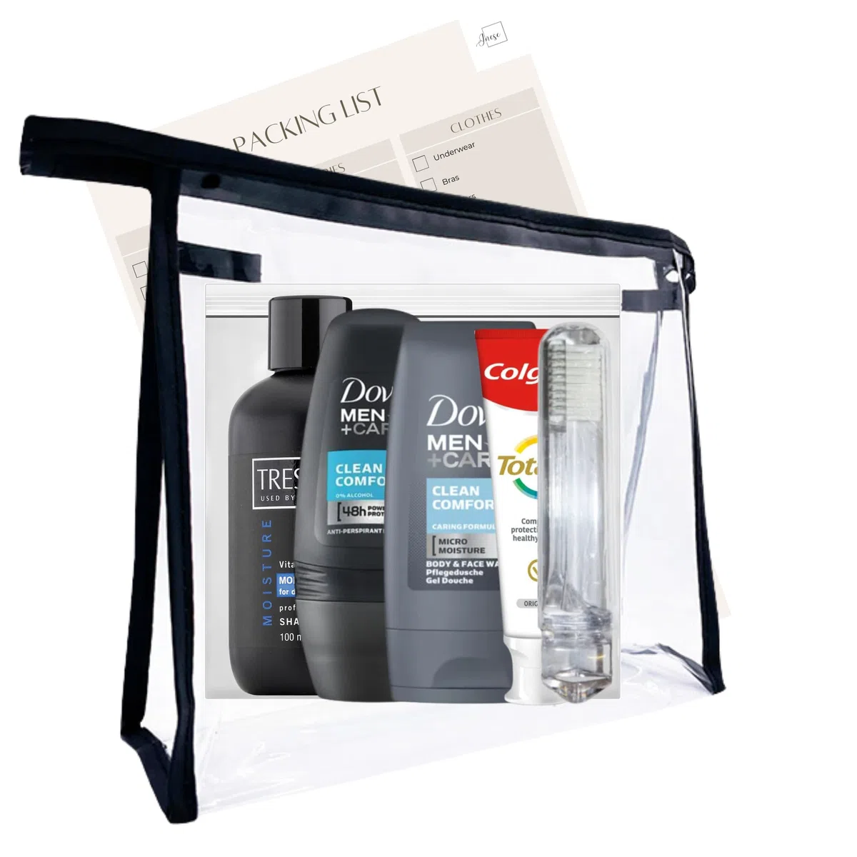 Mini set da toeletta da viaggio per uomo,Kit da viaggio essenziale da toilette per viaggi, ospedale, soggiorno notturno, Trasparente, Borsa da toilette da viaggio