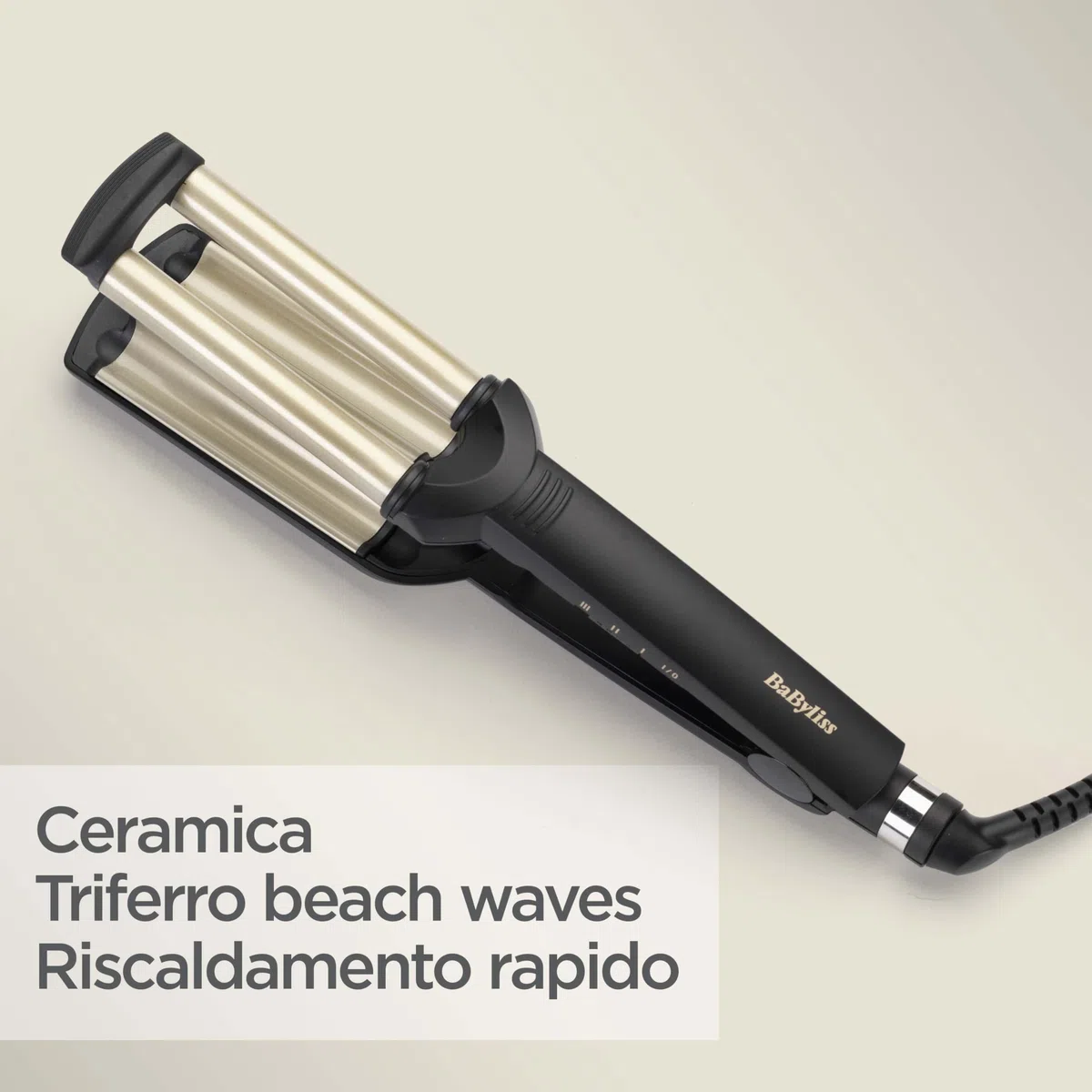 BaByliss Triferro Easy Waves, Beach Waves, Ceramic Titanium, 3 Temperature, Punta termo-resistente, Oro e Nero, C260E