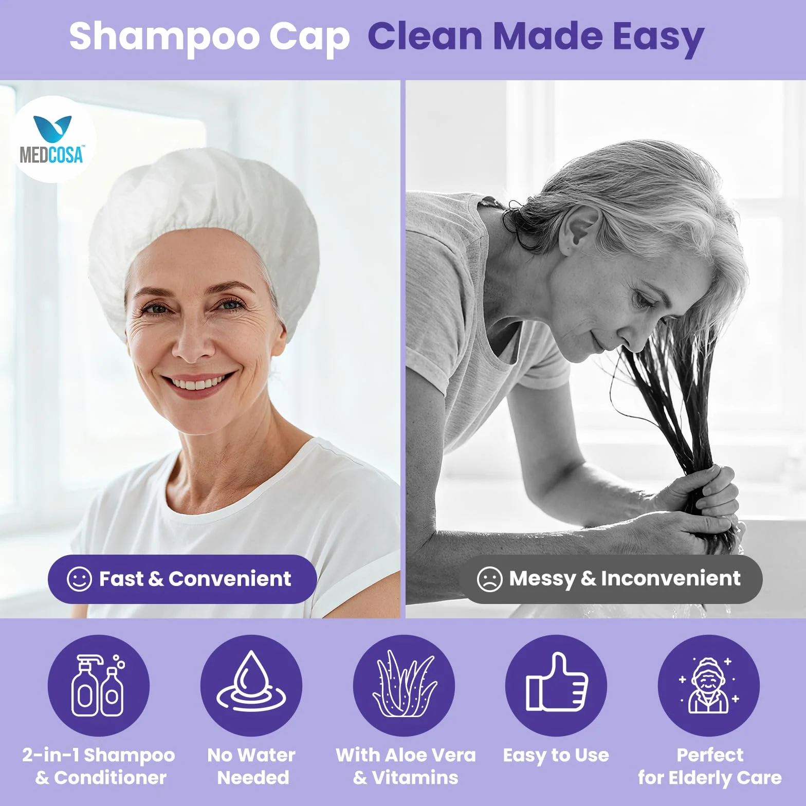 Medcosa Cuffia Shampoo a Secco - Cuffie per Lavare i Capelli senza Acqua - Shampoo senza Risciacquo - Formula con Aloe Vera Vitamina E Camomilla - 5x Confezioni con 1 Cuffia
