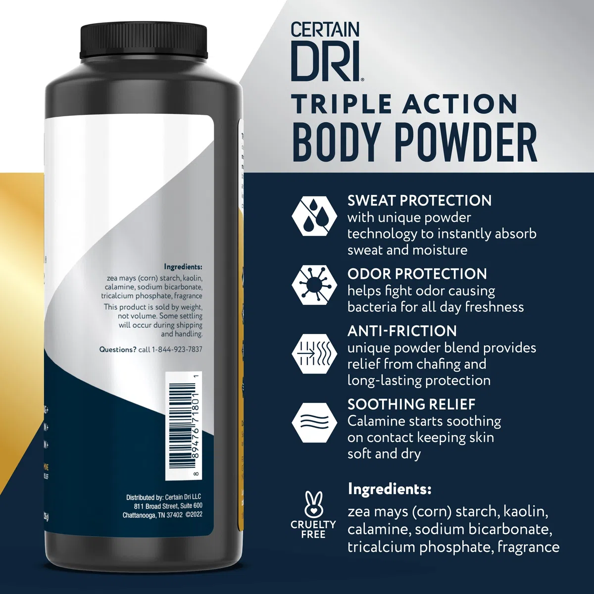 Certain Dri Body Powder, Anti Chafing and Anti Itch Talc Free Hypoallergenic Formula with Calamine, Maximum Sweat Absorption & Moisture Control, 8 oz (2 Pack)