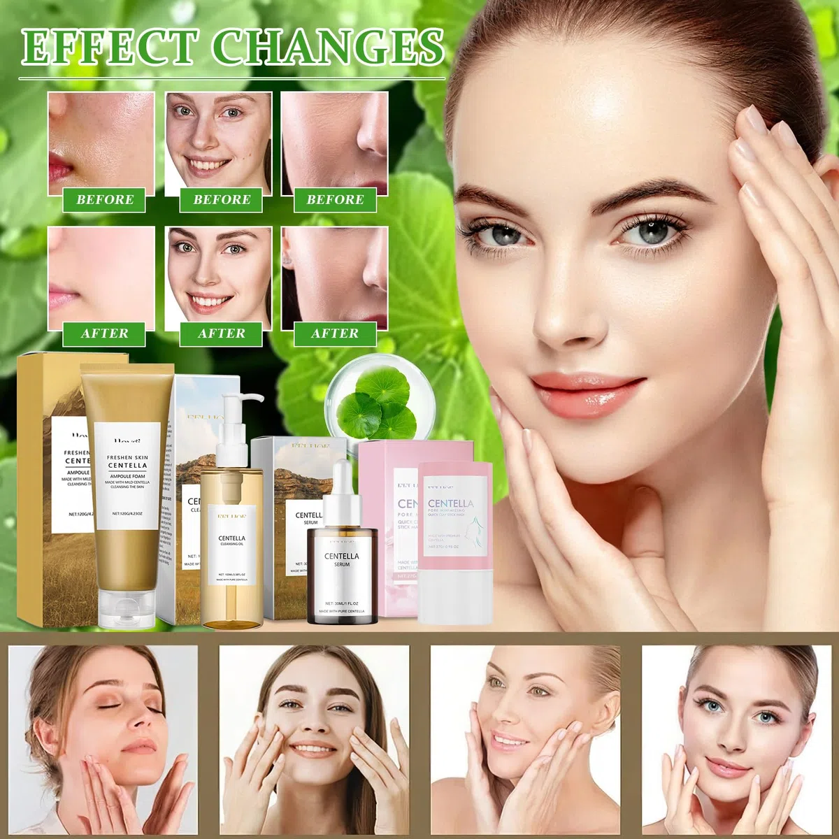4 Pezzi Centella Kit, Centella Cleansing Oil + Centella Detergente Viso + Siero Viso + Centella Stick Mask, Skincare Kit, Delicato e Leggero, Adatto Alle Pelli Sensibili