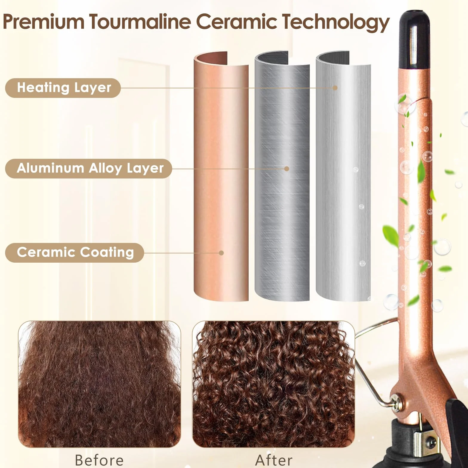 Arricciacapelli, Ferro Capelli con Rivestimento in Ceramica, 9 mm Curve Thin Wand con Scelta di Temperature 80 ℃ - 230 ℃, Ferro Arricciacapelli a Riscaldamento Rapido, per Ricci Stretti
