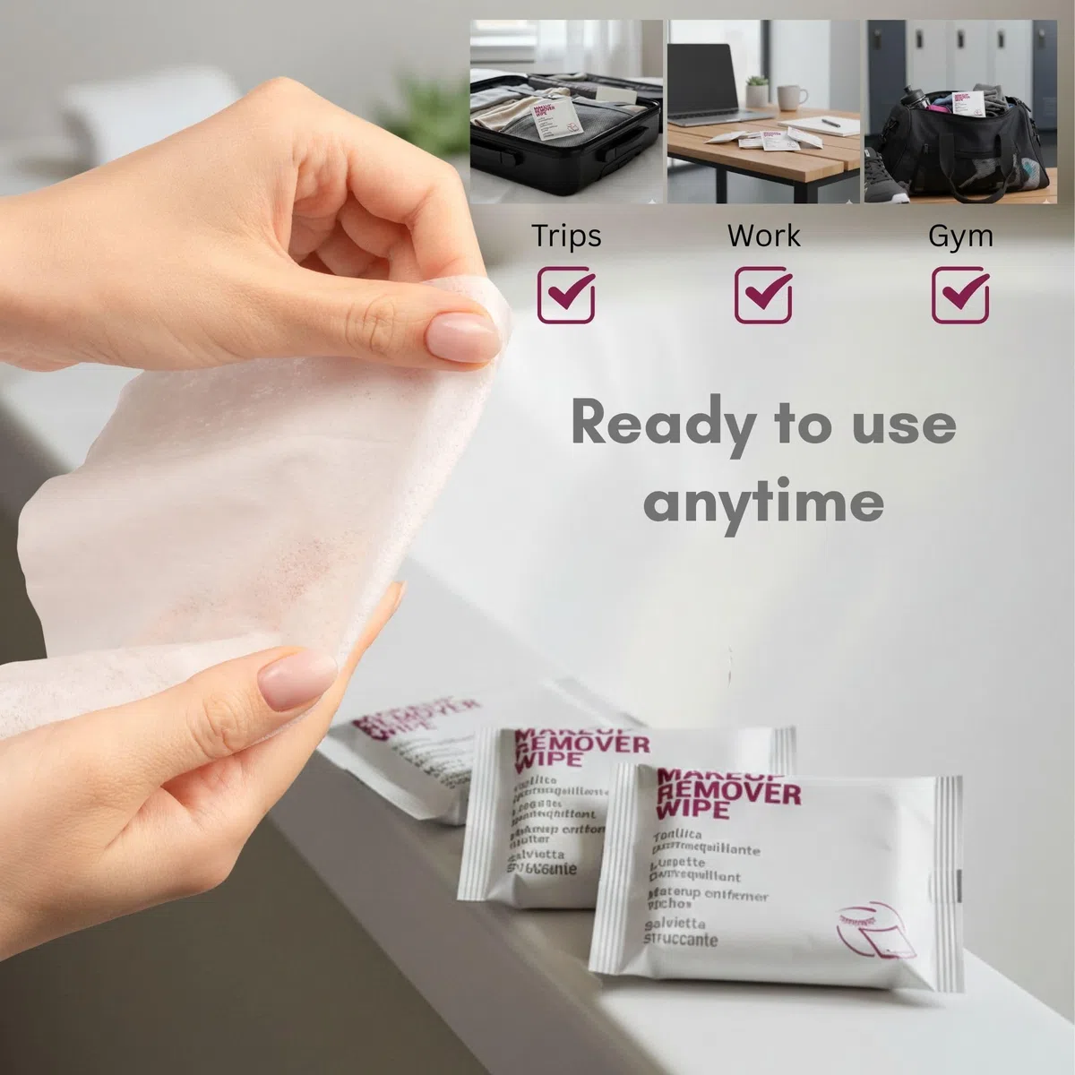 50 Salviette Struccanti Monodose – Makeup Remover Wipe per Pulizia Viso, Salviette Detergenti Formato Viaggio, Amenities Bagno, Kit Cortesia, Confezione Ricarica