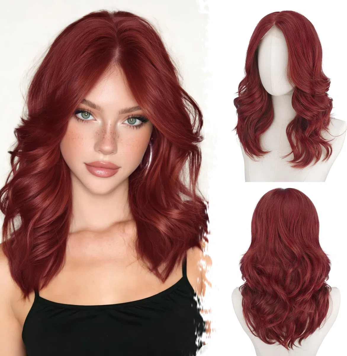 BARSDAR Corto Ondulato Rame Rosso Parrucca, Shoulder Lunghezza Rame Parrucche per Donne Corto Loose Wave Layered Parrucca con Face-Framing Curtain Bangs Aspetto Naturale Sintetico Capelli Parrucche