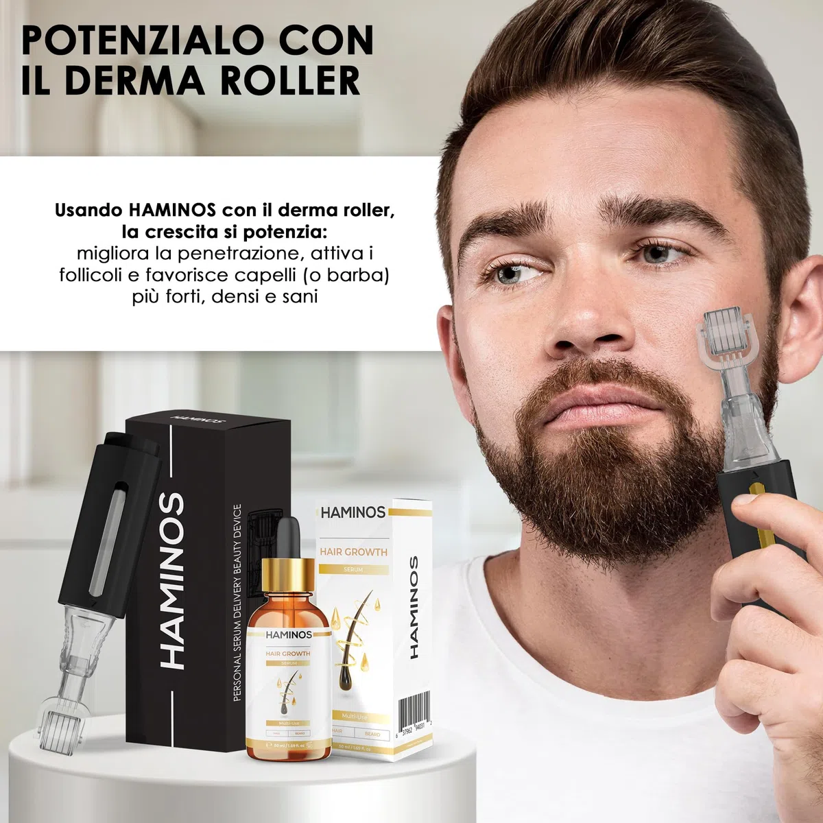 HAMINOS Siero Crescita Capelli con Rosmarino, Ginseng, Zenzero e Peptidi – Stimola e Rinforza – Anticaduta e Rivitalizzante - FORMULA UNICA (50 ml)