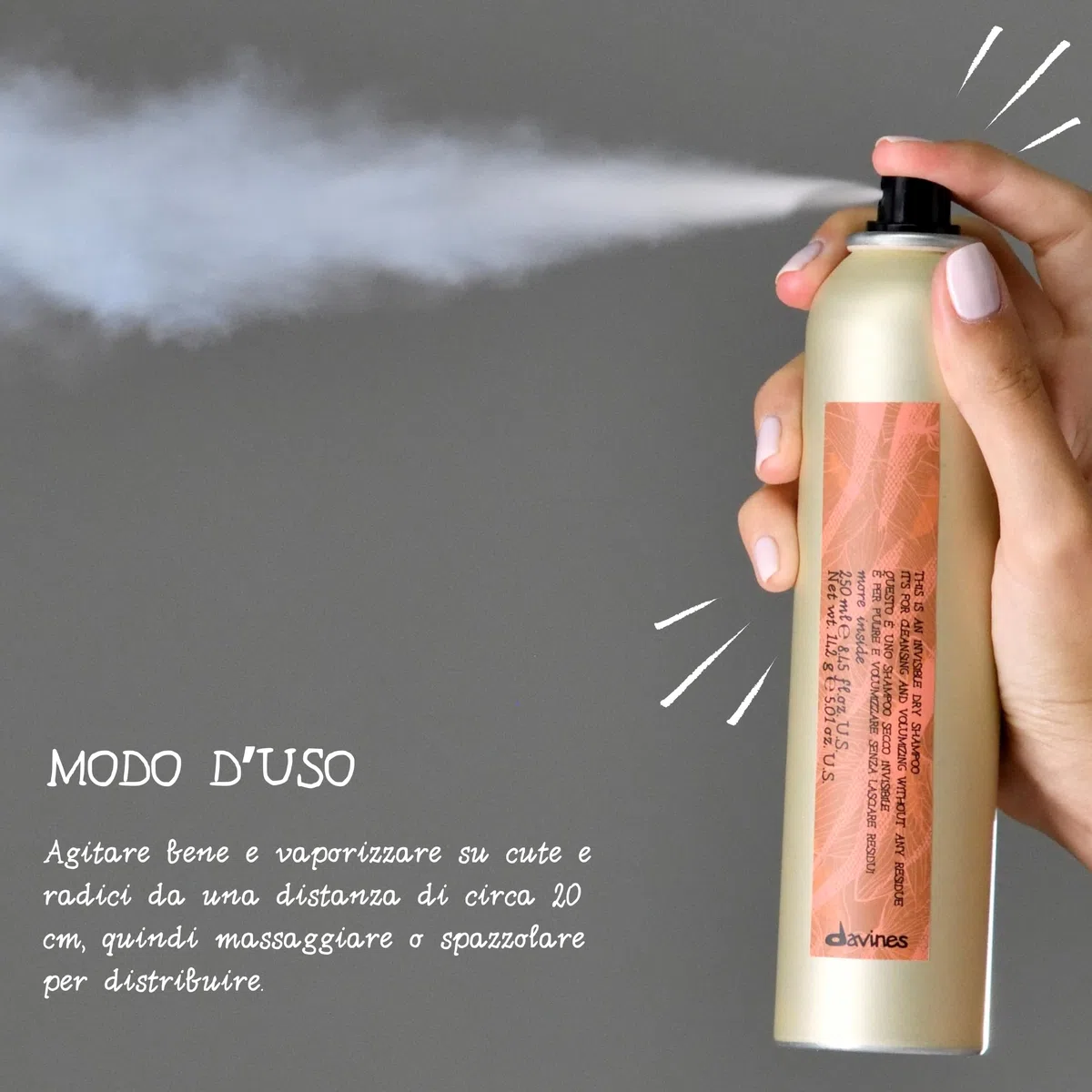 Davines Dry Shampoo - Shampoo secco detergente senza utilizzo di acqua - Assorbe il sebo in eccesso - Dona corpo immediato ai capelli - 250 ml