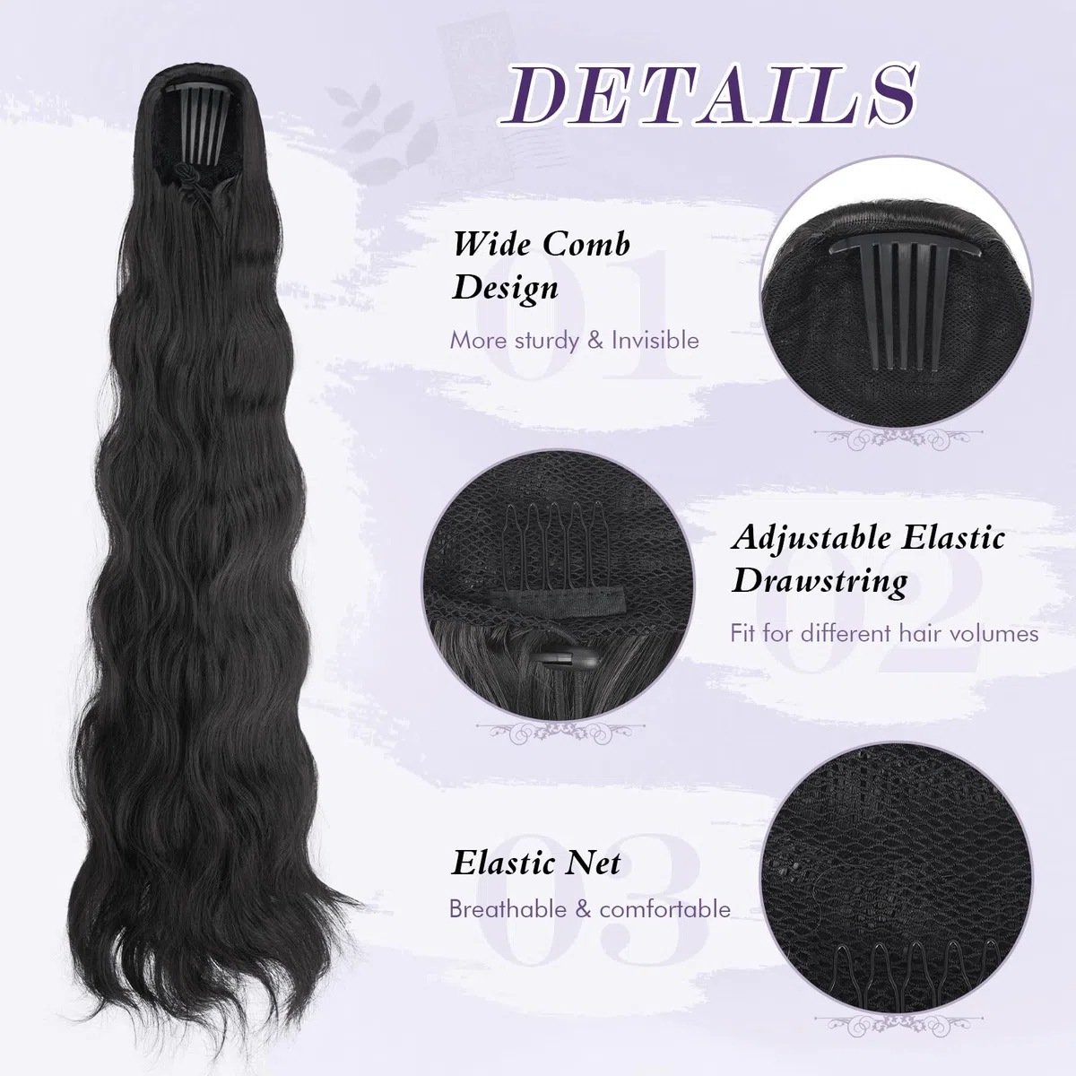 FESHFEN 75 cm Coda Cavallo Extension con Coulisse, Lunga Ricci Ondulati Coda Capelli Extension Sintetici Pettini Clip in Capelli Posticci, Nero Naturale Coda di Cavallo Naturale per Donna