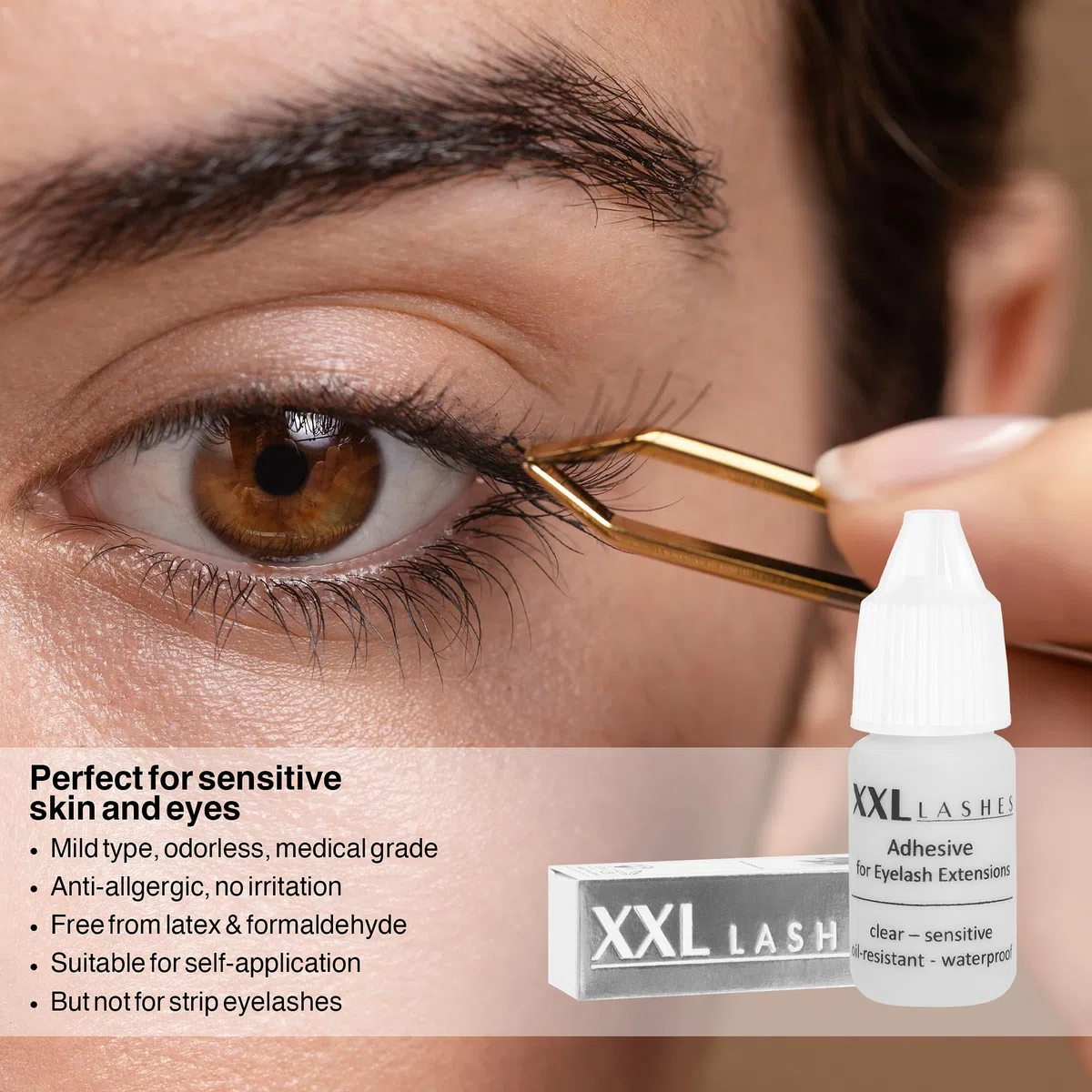 Colla per Extension di Ciglia anallergica, sensibile, resistente agli olii e all'acqua, vegano, inodore, XXL Lashes Adhesive for eyelash extensions, impermeabile, sicurezza certificata, chiaro