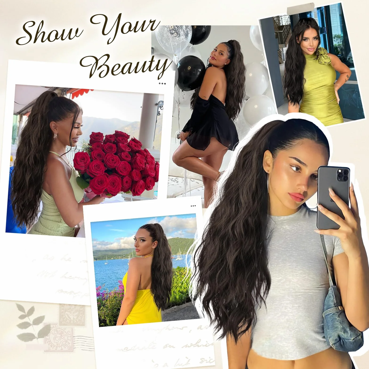 FESHFEN Coda Capelli Extension Pinza - Lunga Ondulato Coda Finta Capelli Riccia Coda di Cavallo Estension Sintetici Posticcio Ponytail per Donne, 63 cm Biondo Scuro Cenere