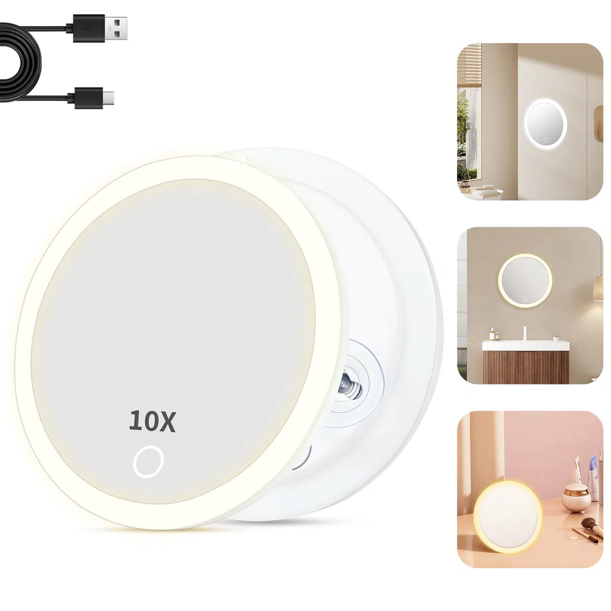 Specchio Ingranditore 10X con Luci, Luminosità Regolabile, Specchio per il Trucco da Parete, Ricaricabile Portatile Specchio, Adatto per Camere da Letto e Bagni