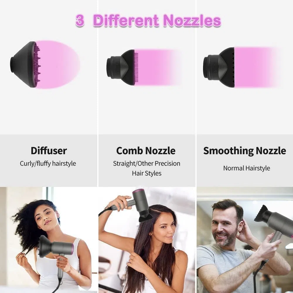 Faszin Ascigacapelli Professionale, Phon Capelli con Motore AC Phone Capelli con 3 Impostazioni di Temperatura, Pulsante Aria Fredda, 1 Diffusore e 2 Concentratori per Molte Acconciature (Grigio)
