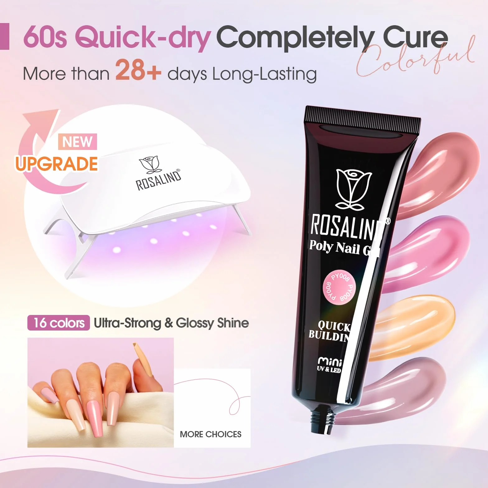 ROSALIND Kit Completo Arcygel, 16 Colori 10ml Estensioni Gel per Unghie con Lampada UV, Base e Top Coat, Strumenti Manicure, Kit Completo Poly Unghie gel Nail Art per Principianti e Professionisti