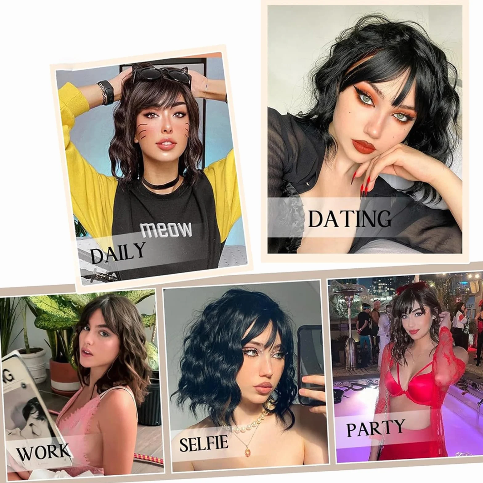 Parrucca corta ondulata nera con frangia Ondulata parrucca corta bob per donne Capelli sintetici e naturali ricci per uso quotidiano, feste, carnevale, cosplay