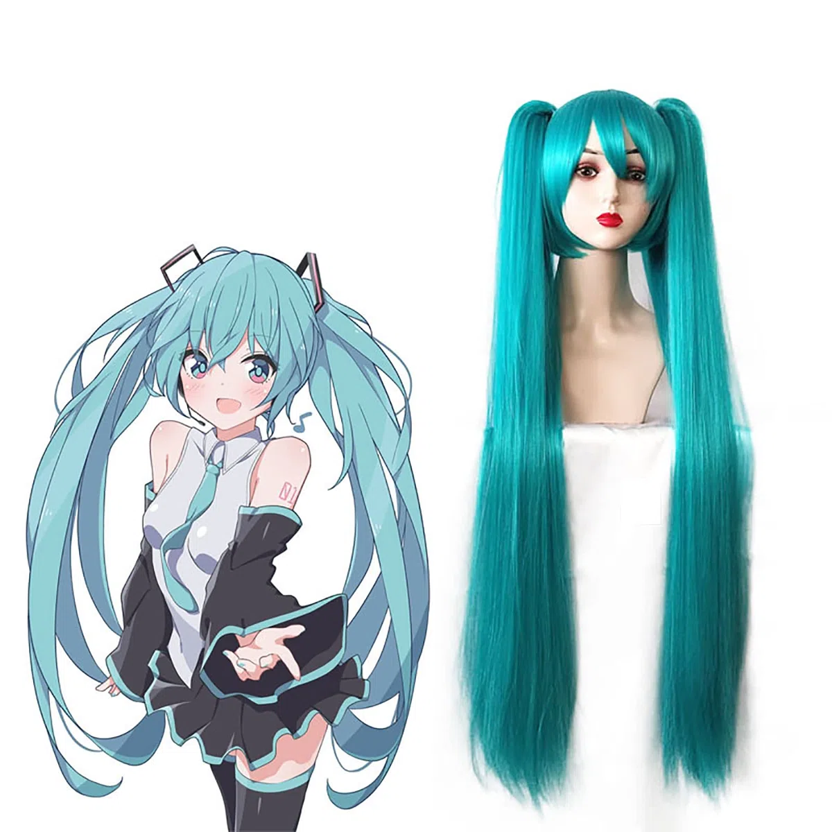 Parrucca doppia coda di cavallo Hatsune Miku parrucca per feste anime lunga e liscia per ragazza bella parrucca sintetica Hatsune Miku Cosplay blu lago 100 cm/39 pollici