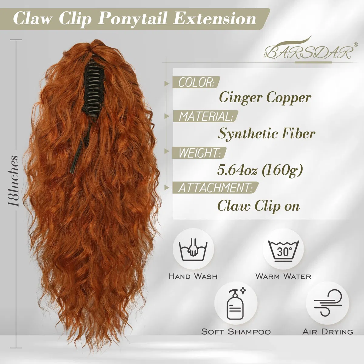 BARSDAR Coda Cavallo Capelli Extension Rame, 45cm Coda di Cavallo Extension Artiglio Pinza Lunga Ricci Ondulati Multi Layered Sintetici Posticci Finta Capelli per Donna - Zenzero Rame