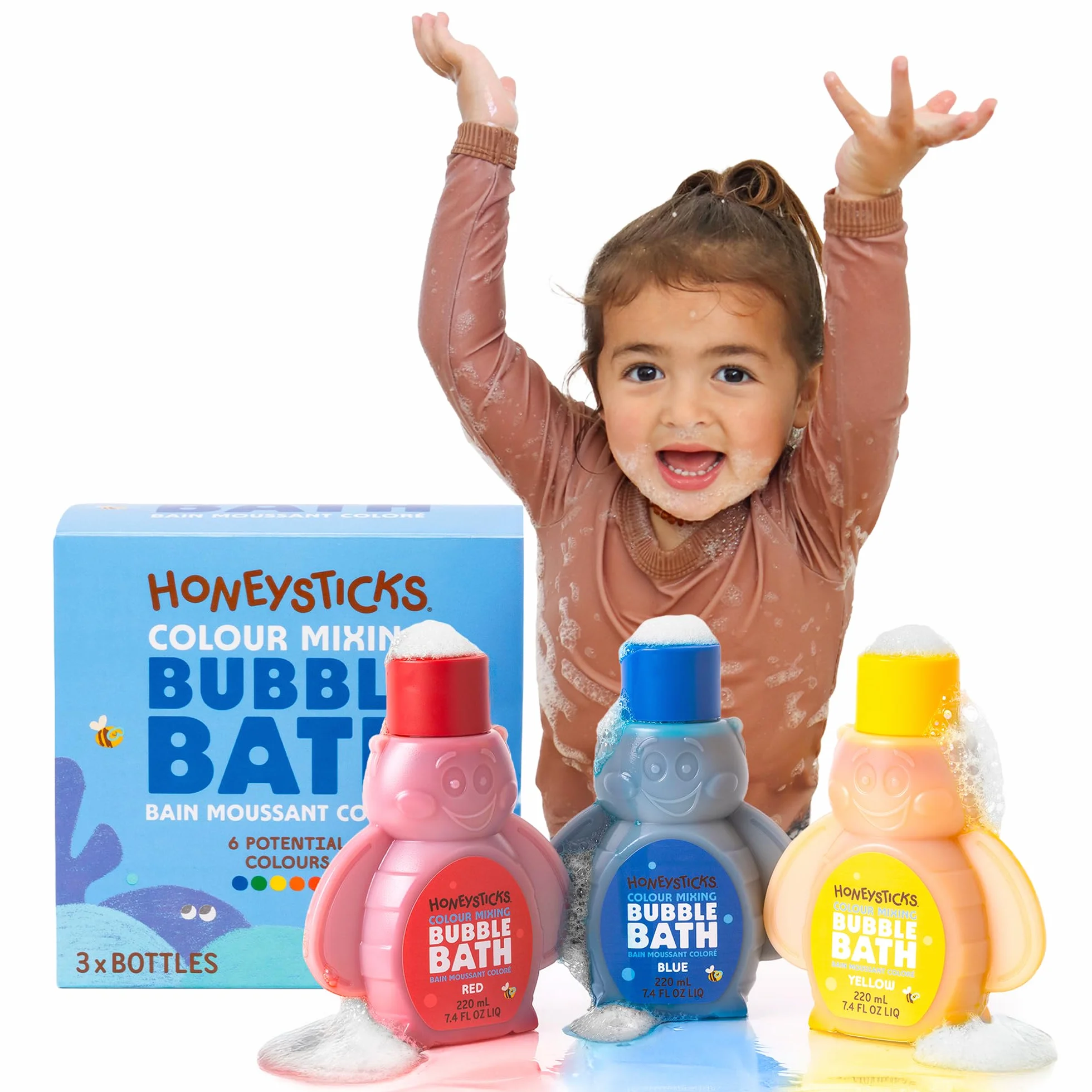 Honeysticks Bagnoschiuma Bambini - Bagnoschiuma Colorato a Base Vegetale, Sicuro e Non Irritante - Cambia il Colore dell'Acqua - Bolle Bagno Bambini da 1-8 Anni - 3 Pz - Blu, Rosso, Giallo